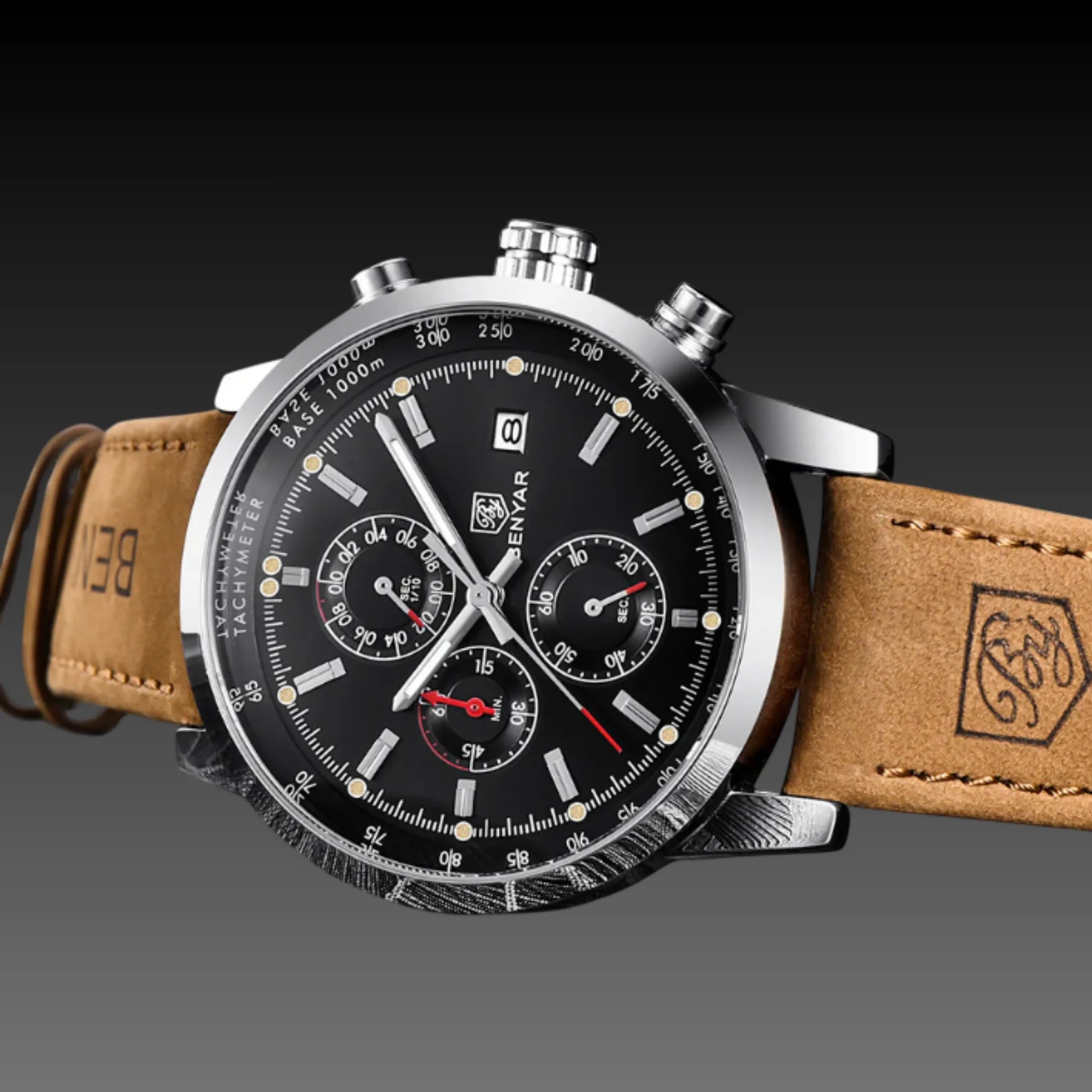 Benyar 43mm Luxury Chronograph: Genuine Leather | Quartz | Auto Date