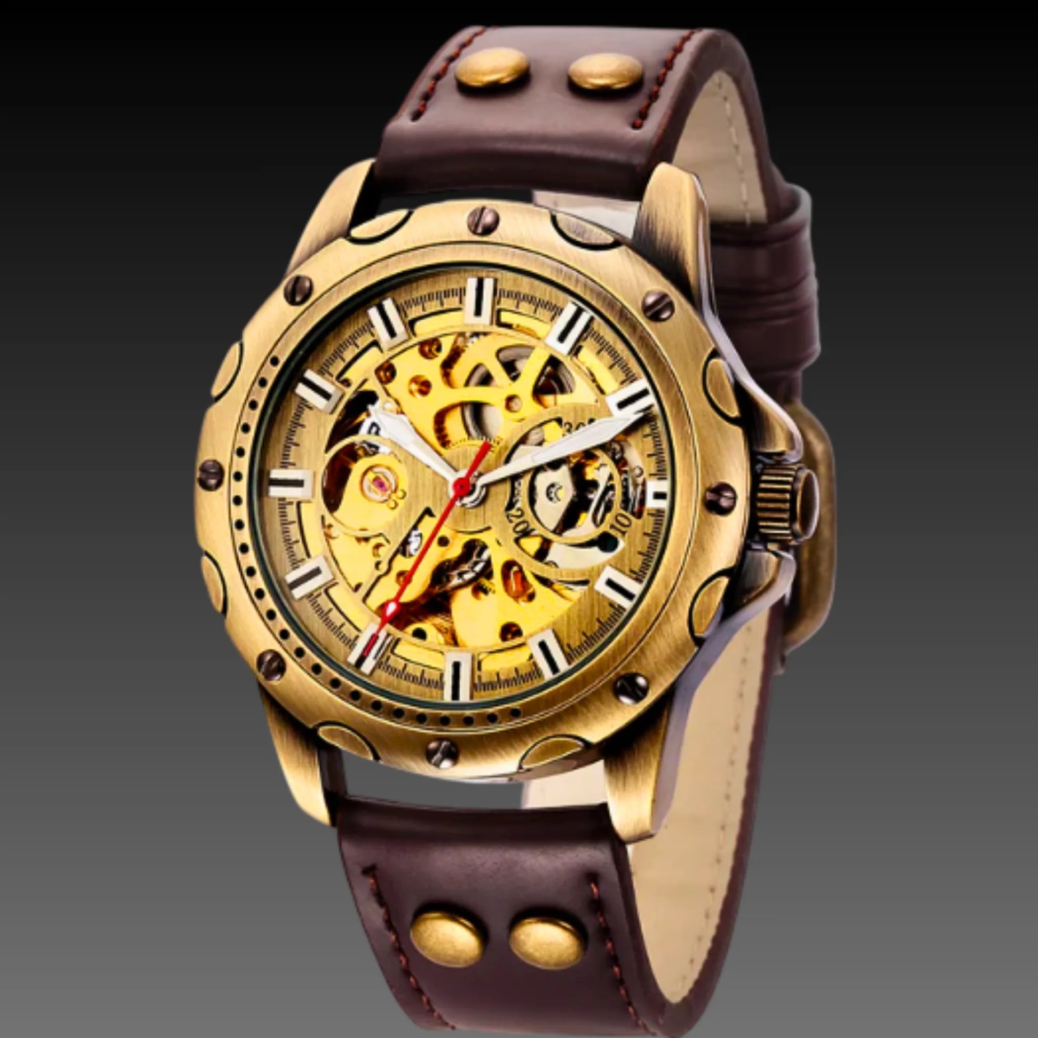 Men's Bronze Steampunk Skeleton Watch | 44mm Antique Automatic | Heavy Duty Leather