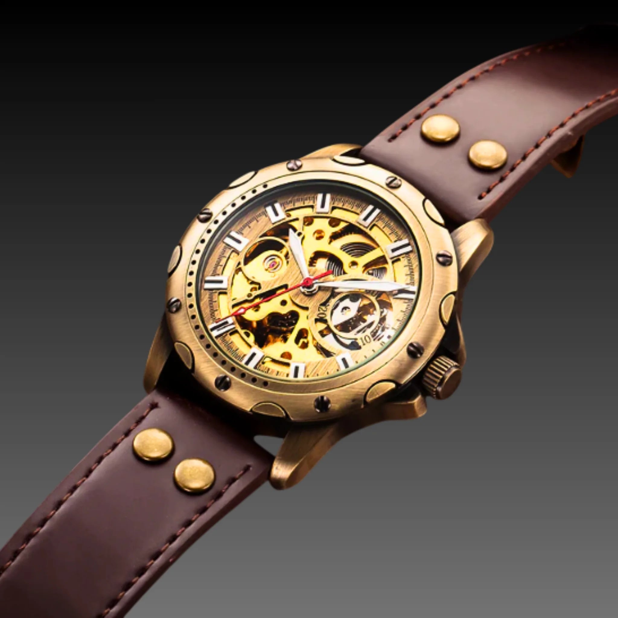 Men's Bronze Steampunk Skeleton Watch | 44mm Antique Automatic | Heavy Duty Leather
