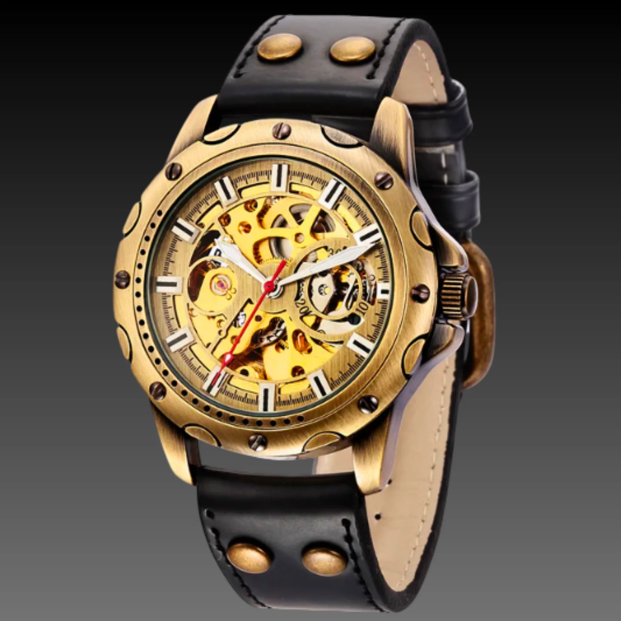 Men's Bronze Steampunk Skeleton Watch | 44mm Antique Automatic | Heavy Duty Leather