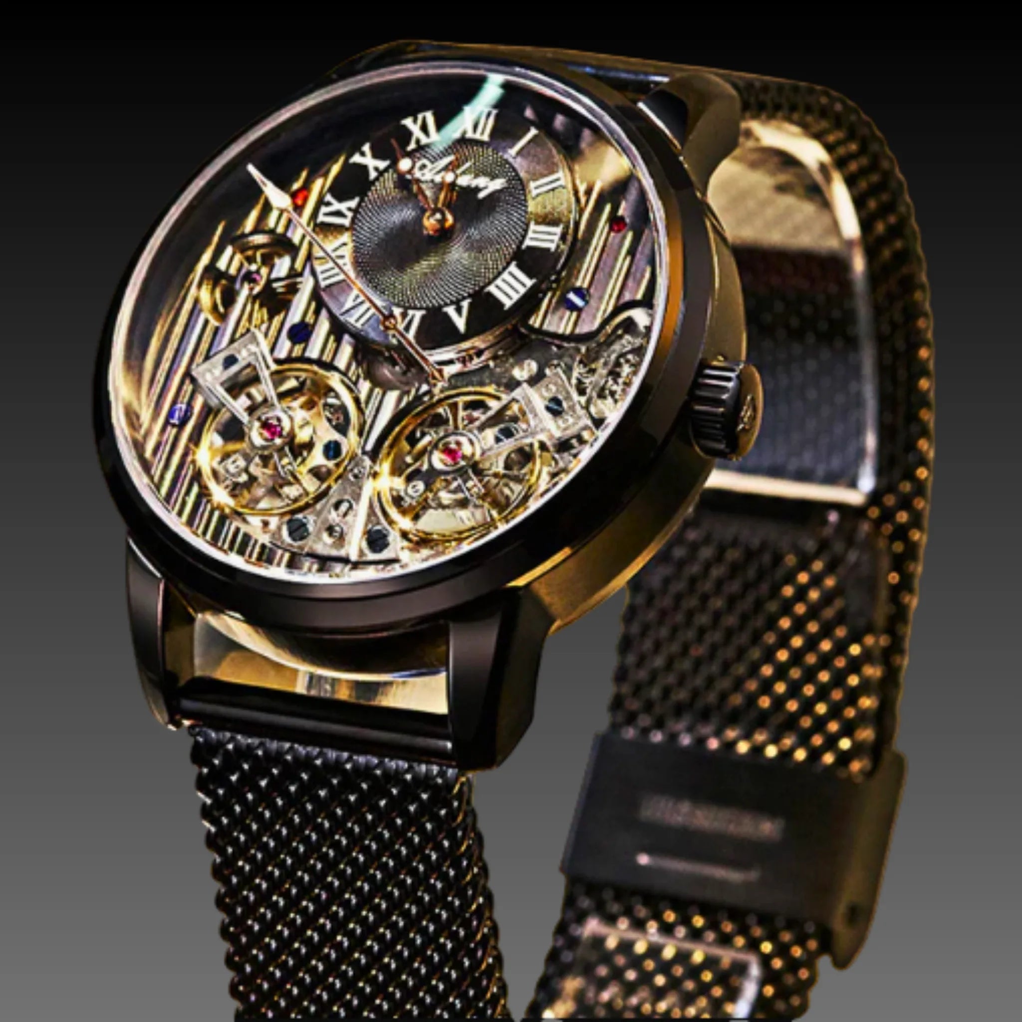 Men's Double Tourbillon Style Automatic Watch | Dual Open Heart Skeleton | Rose Gold Leather