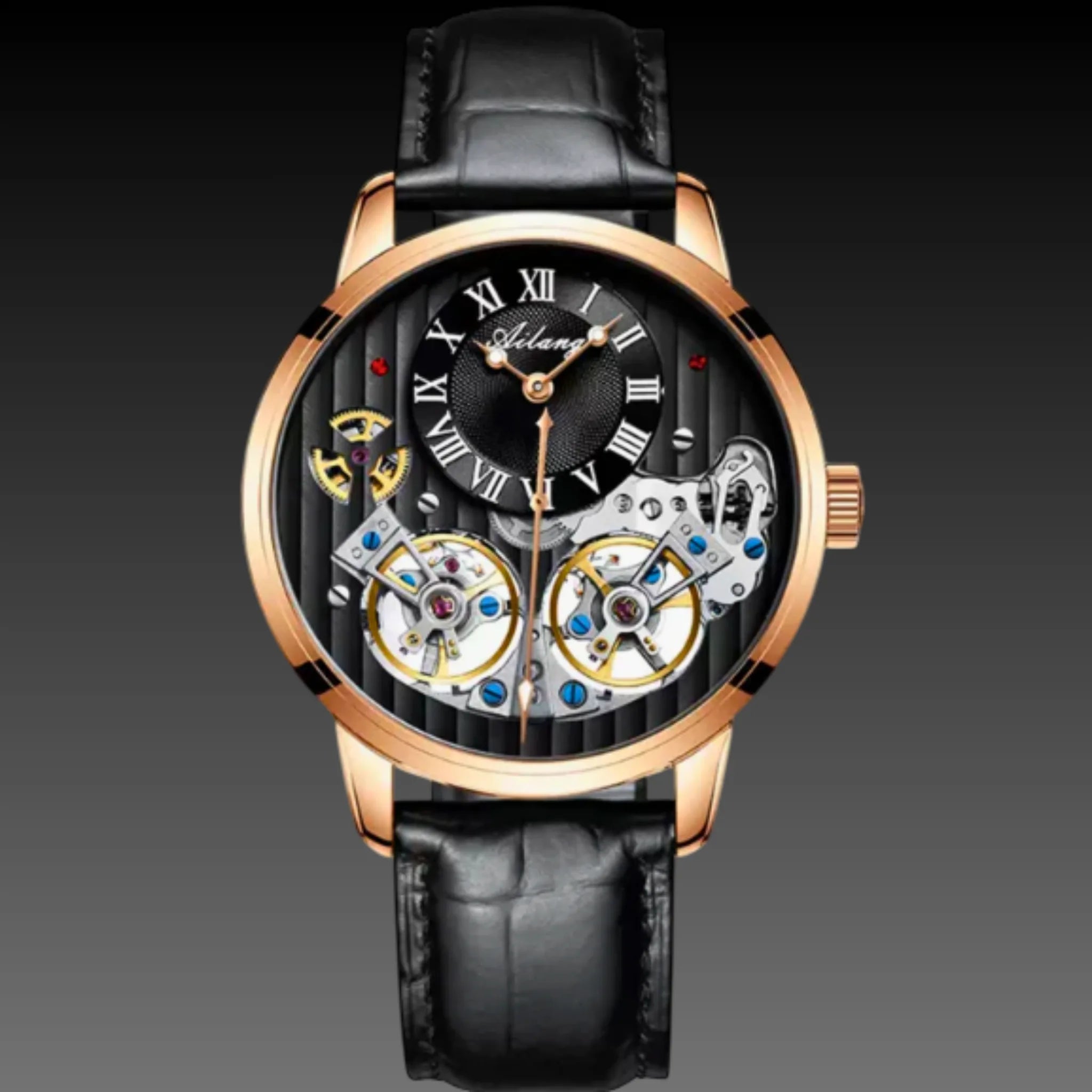 Men's Double Tourbillon Style Automatic Watch | Dual Open Heart Skeleton | Rose Gold Leather