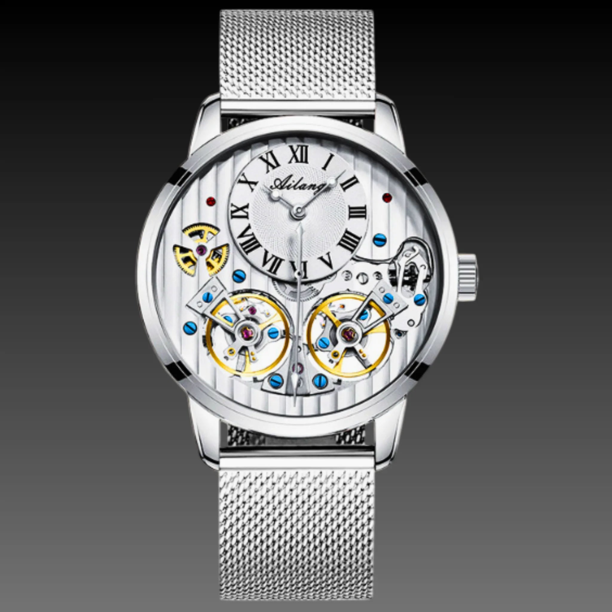 Men's Double Tourbillon Style Automatic Watch | Dual Open Heart Skeleton | Rose Gold Leather