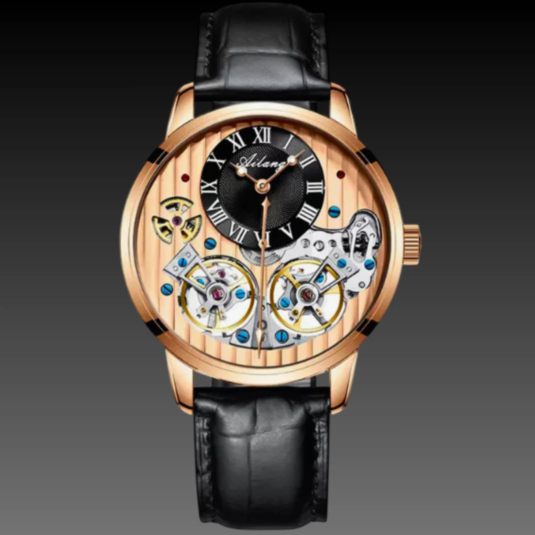 Men's Double Tourbillon Style Automatic Watch | Dual Open Heart Skeleton | Rose Gold Leather