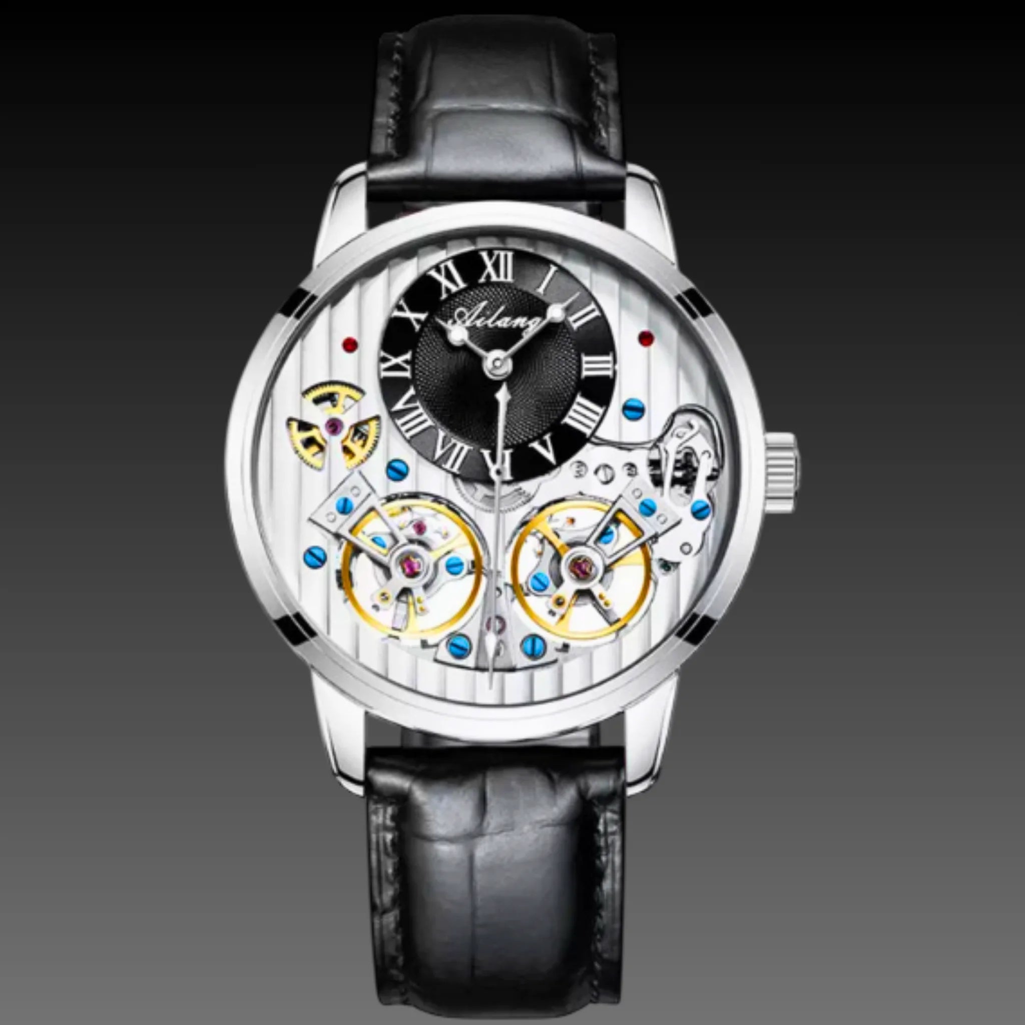 Men's Double Tourbillon Style Automatic Watch | Dual Open Heart Skeleton | Rose Gold Leather