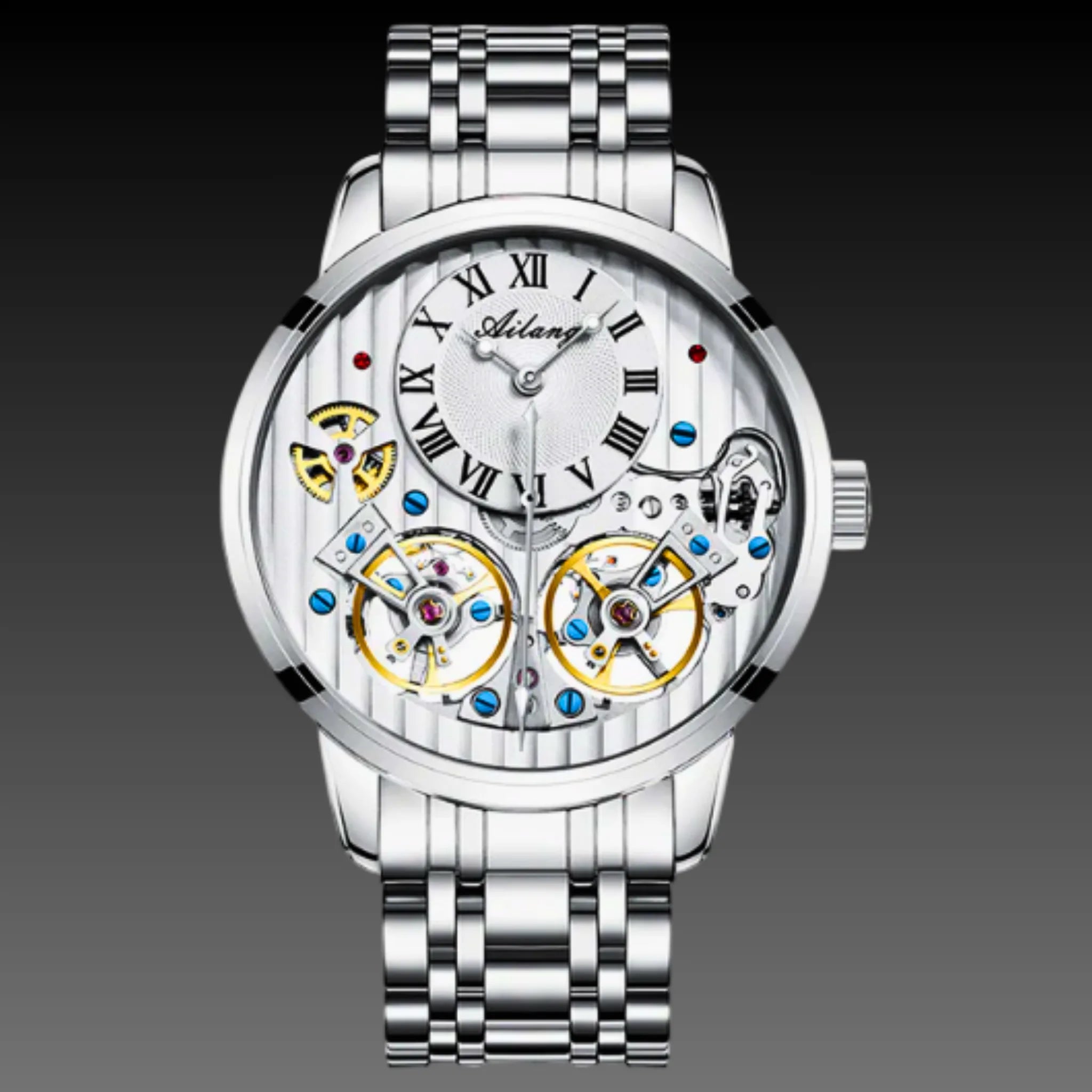 Men's Double Tourbillon Style Automatic Watch | Dual Open Heart Skeleton | Rose Gold Leather