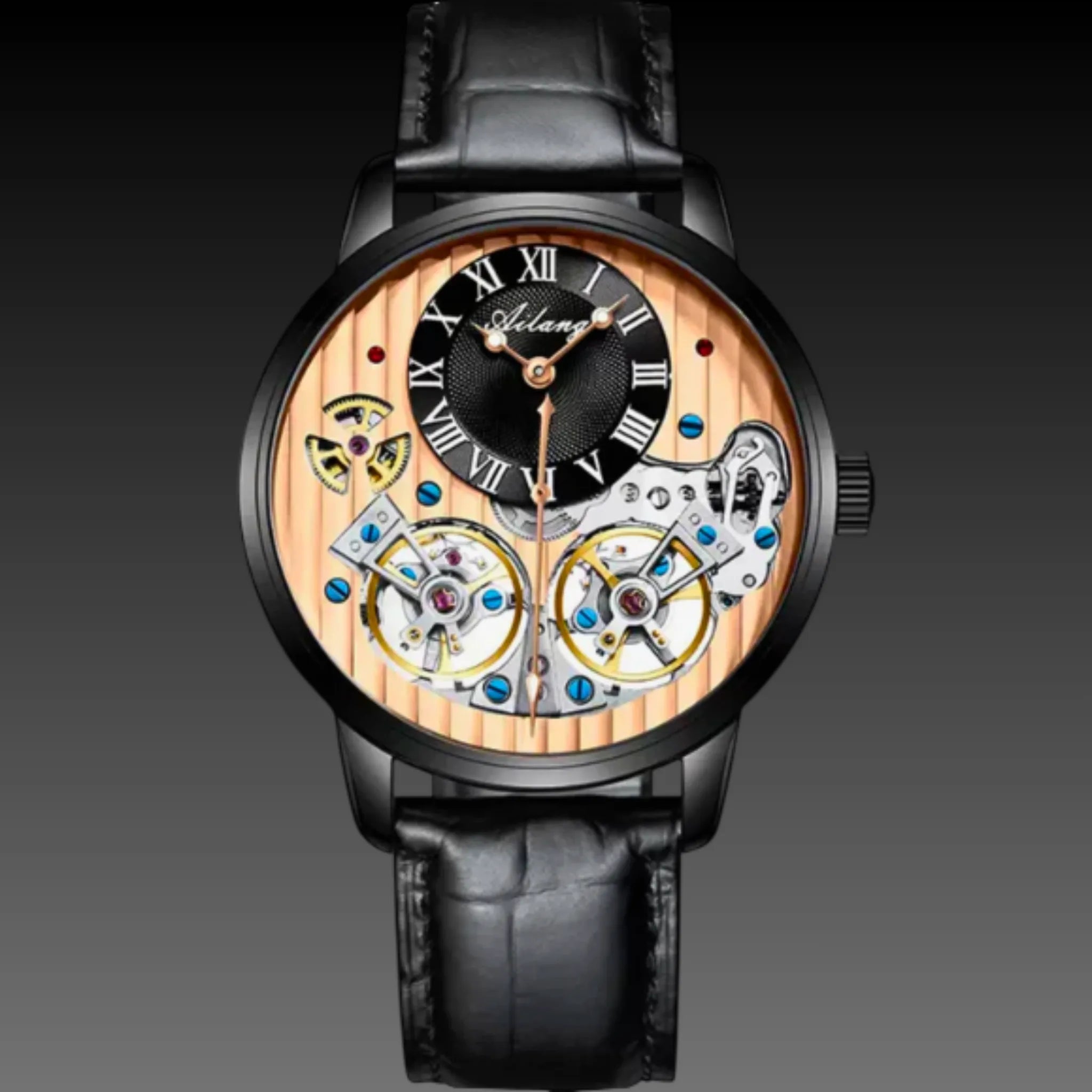 Men's Double Tourbillon Style Automatic Watch | Dual Open Heart Skeleton | Rose Gold Leather