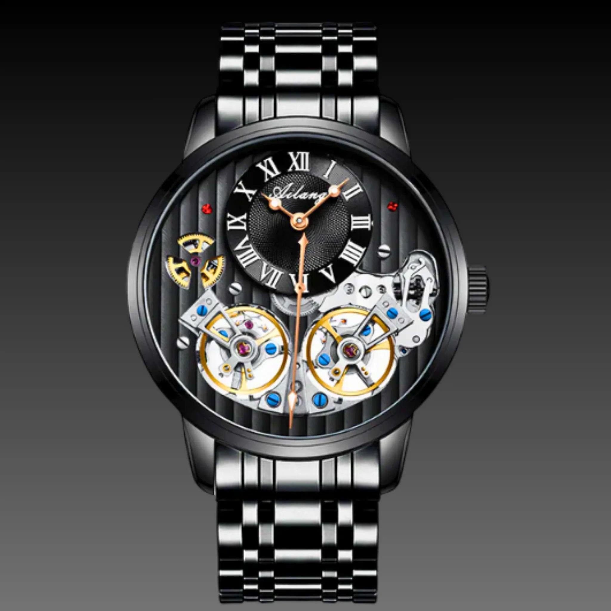 Men's Double Tourbillon Style Automatic Watch | Dual Open Heart Skeleton | Rose Gold Leather