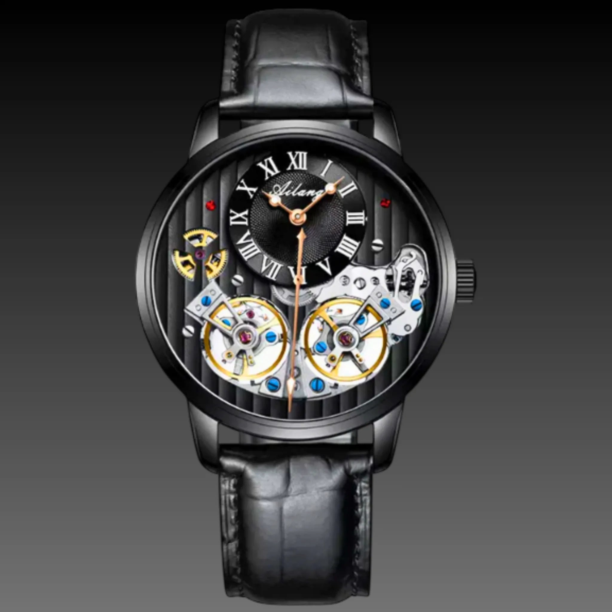 Men's Double Tourbillon Style Automatic Watch | Dual Open Heart Skeleton | Rose Gold Leather