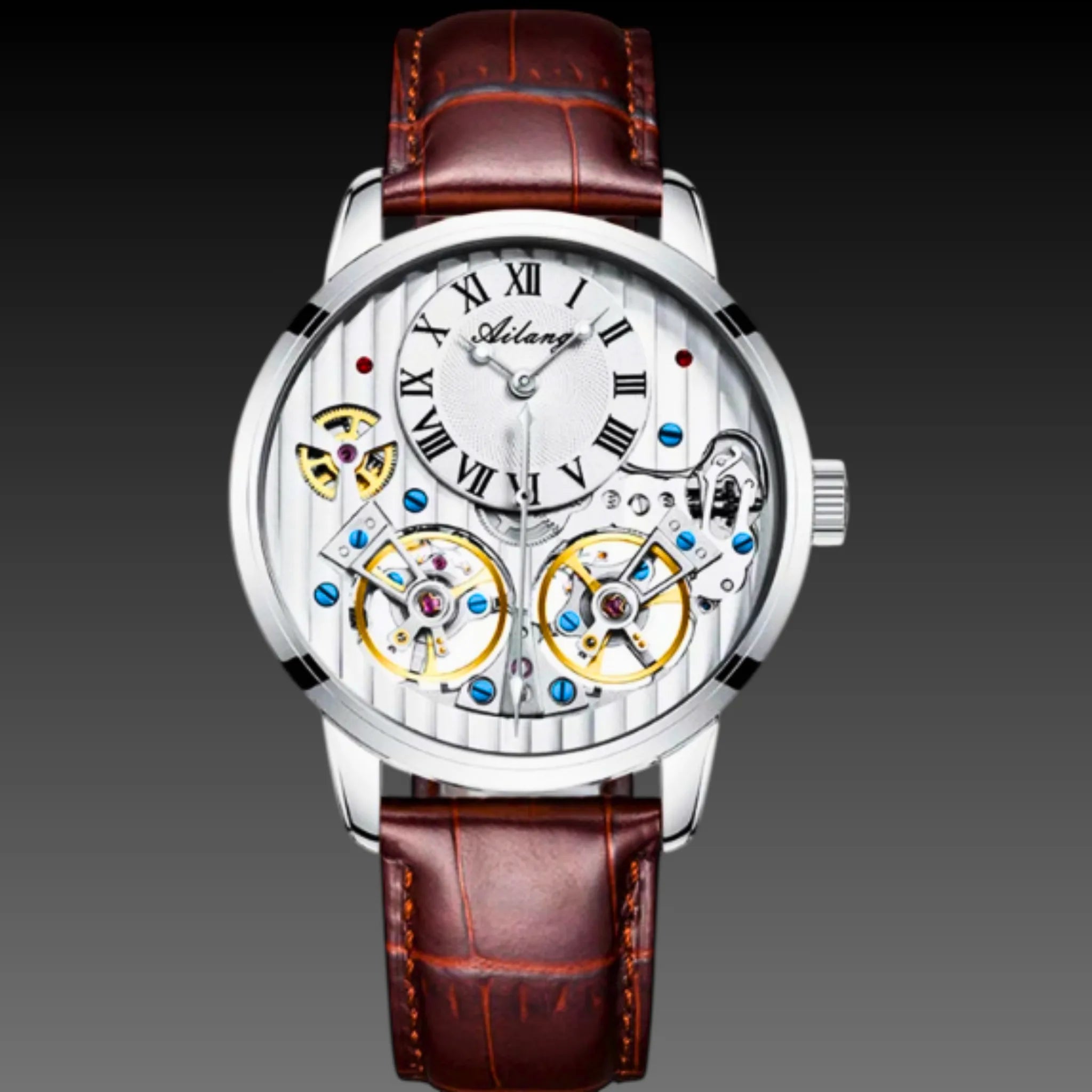 Men's Double Tourbillon Style Automatic Watch | Dual Open Heart Skeleton | Rose Gold Leather