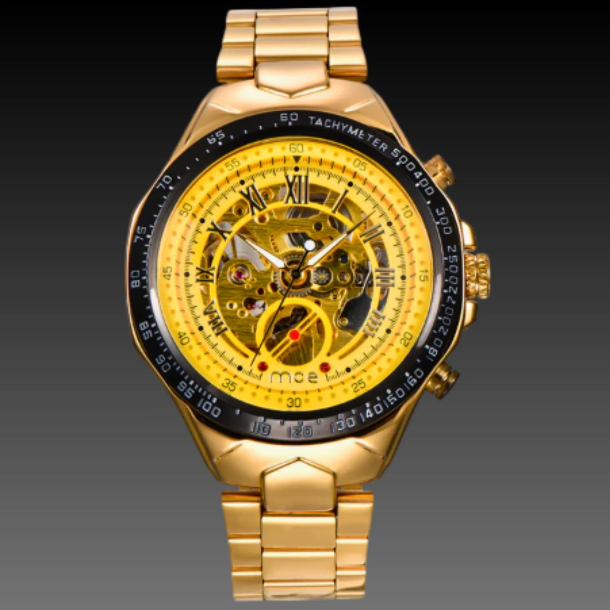 Men's Gold Steampunk Skeleton Watch | Automatic Mechanical | Stainless Steel Bracelet