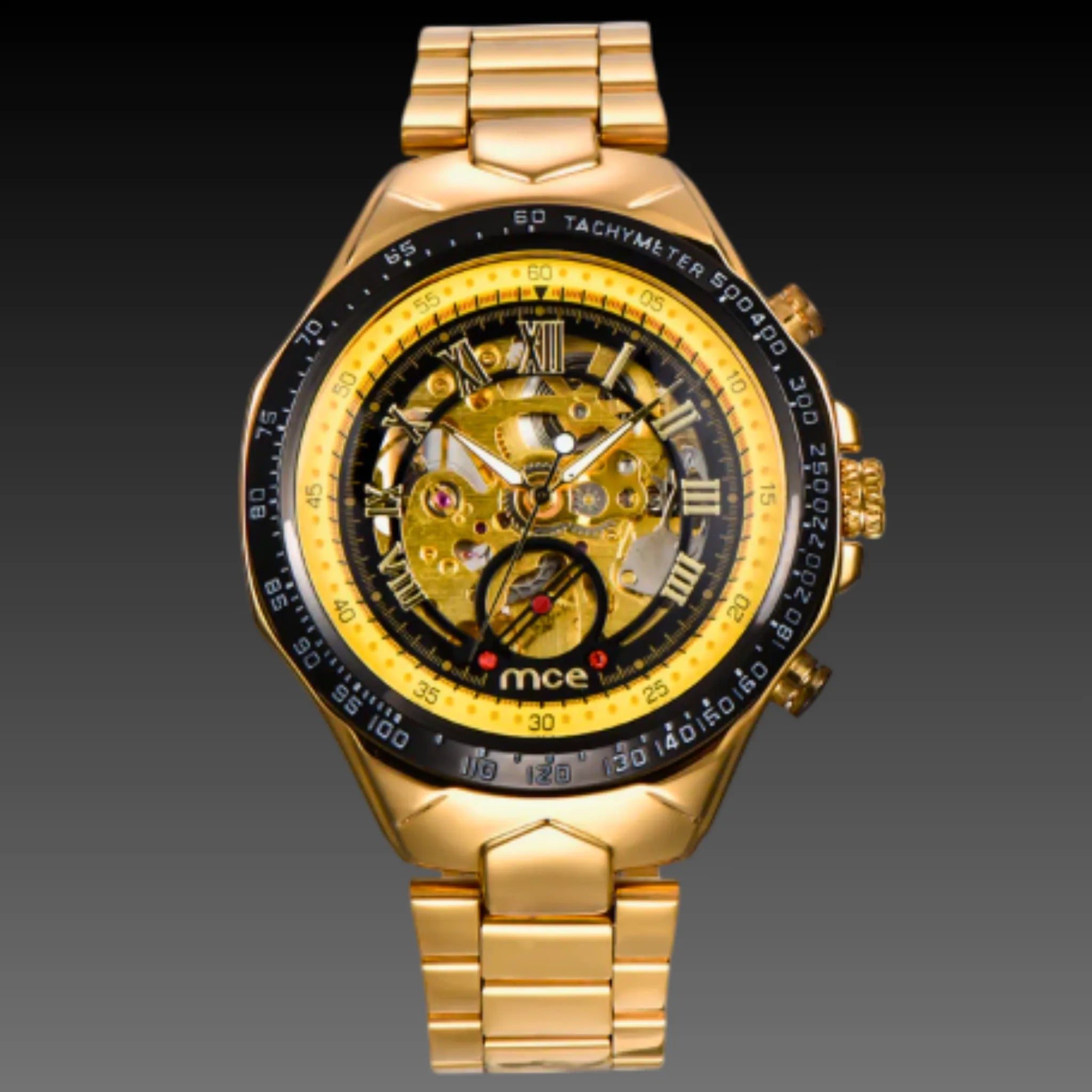 Men's Gold Steampunk Skeleton Watch | Automatic Mechanical | Stainless Steel Bracelet