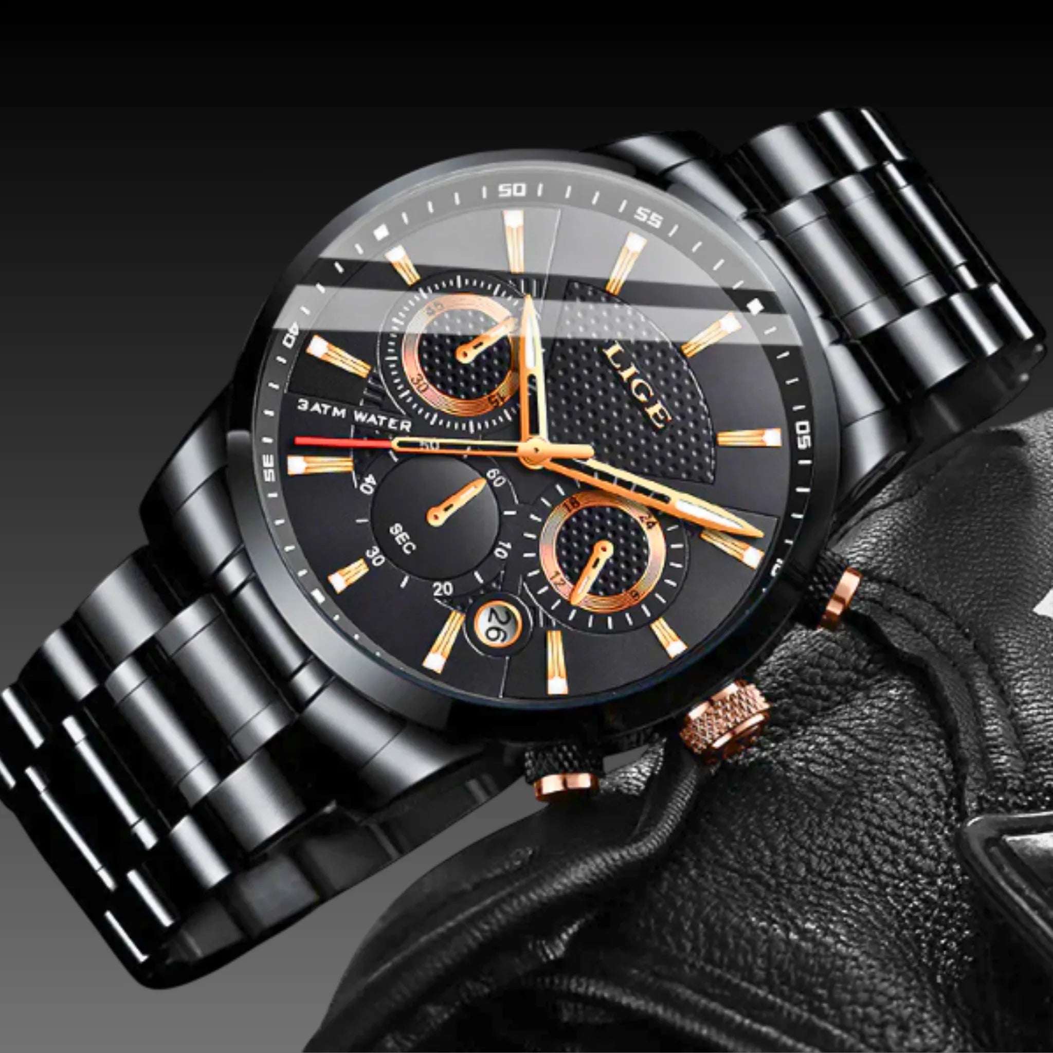 Men's LIGE Luxury Chronograph | 46mm Sport Business Watch | Leather & Stainless Steel Quartz