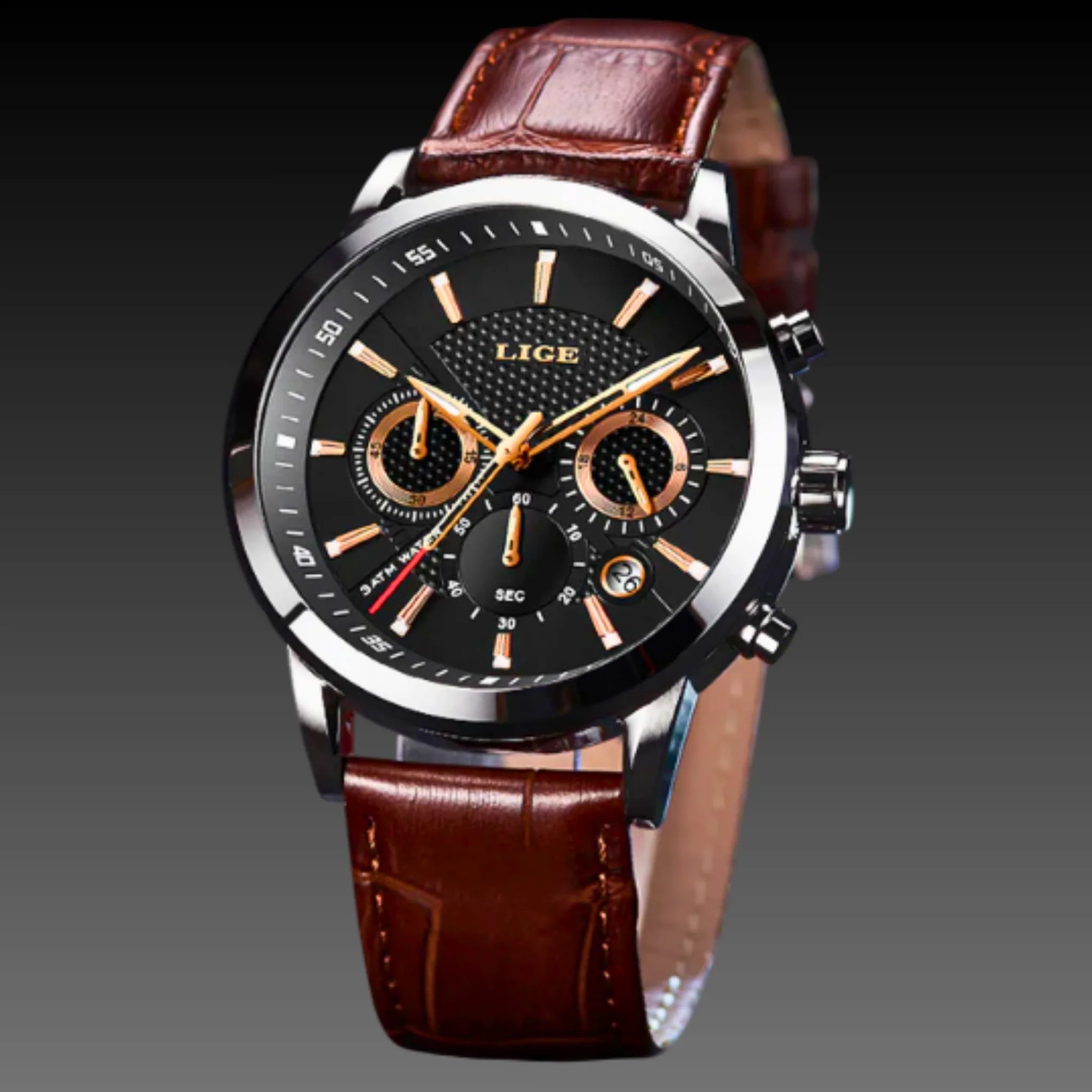 Men's LIGE Luxury Chronograph | 46mm Sport Business Watch | Leather & Stainless Steel Quartz