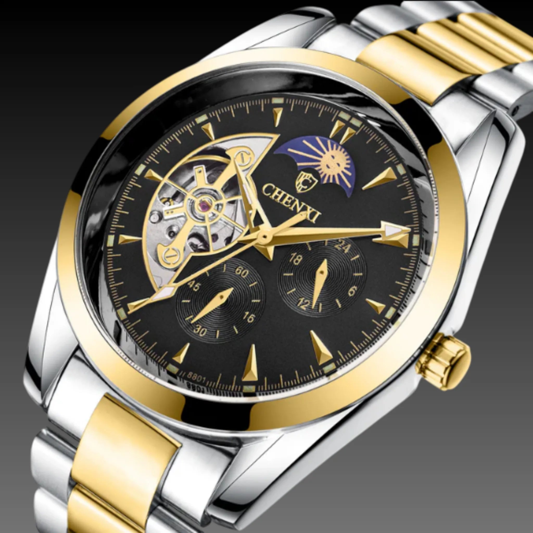 Men's Luxury Tourbillon Style Watch | Automatic Mechanical | Moon Phase & Open Heart