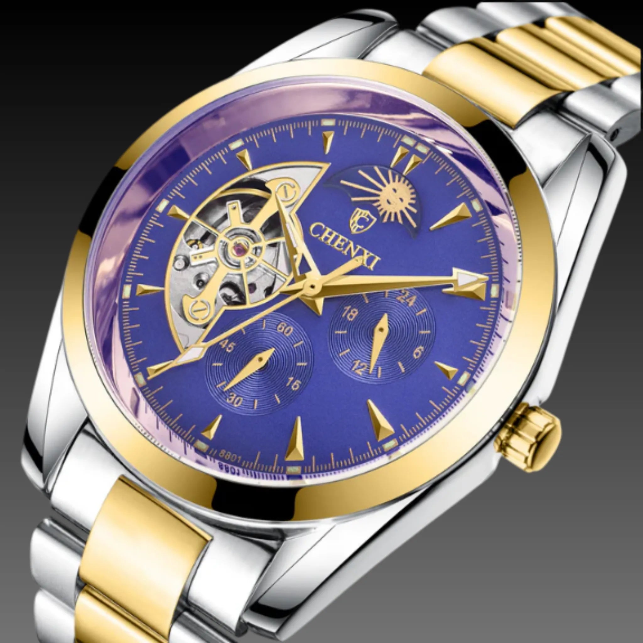 Men's Luxury Tourbillon Style Watch | Automatic Mechanical | Moon Phase & Open Heart