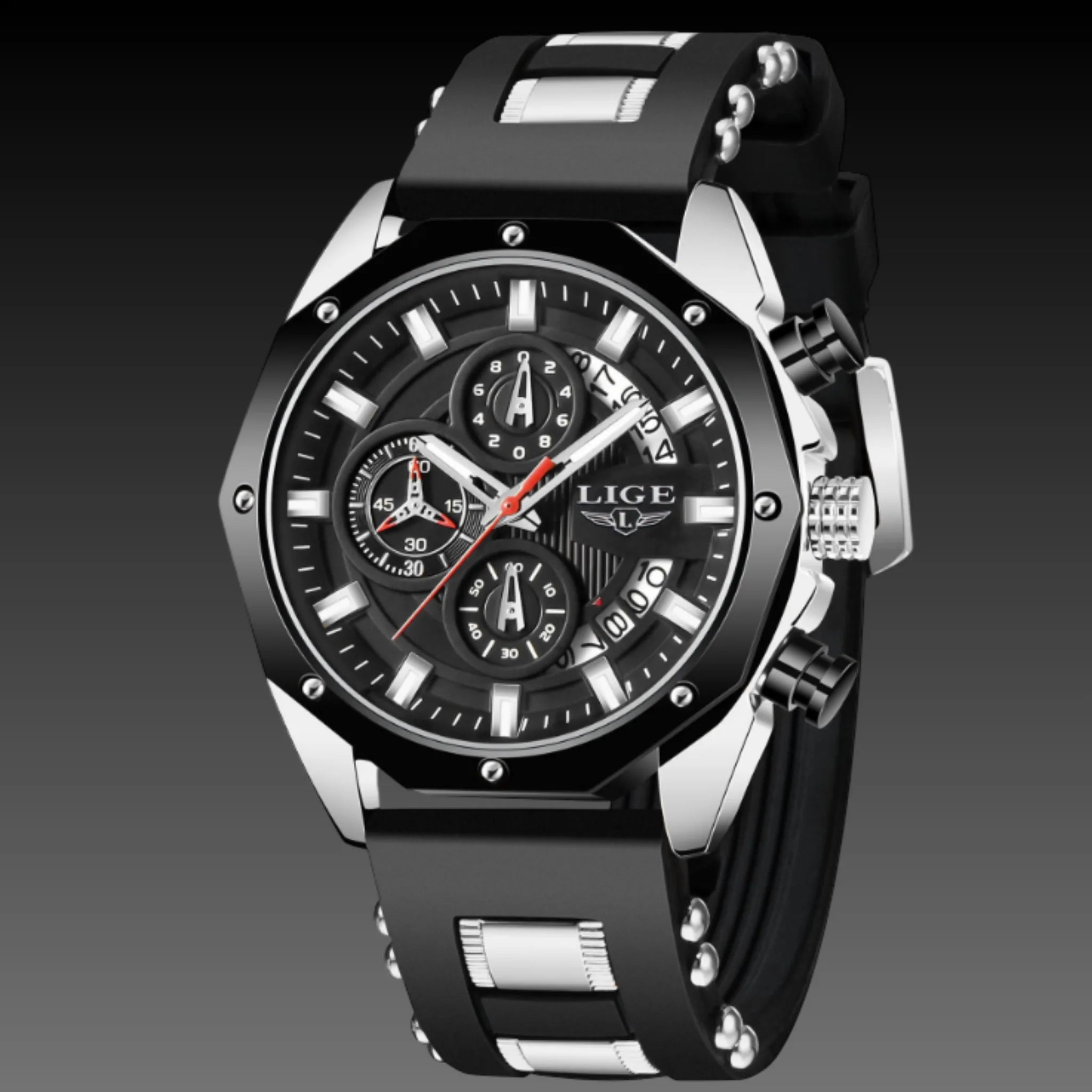 Men's 46mm Tonneau Sport Chronograph: Silicone Strap | LIGE Quartz | Racing Watch