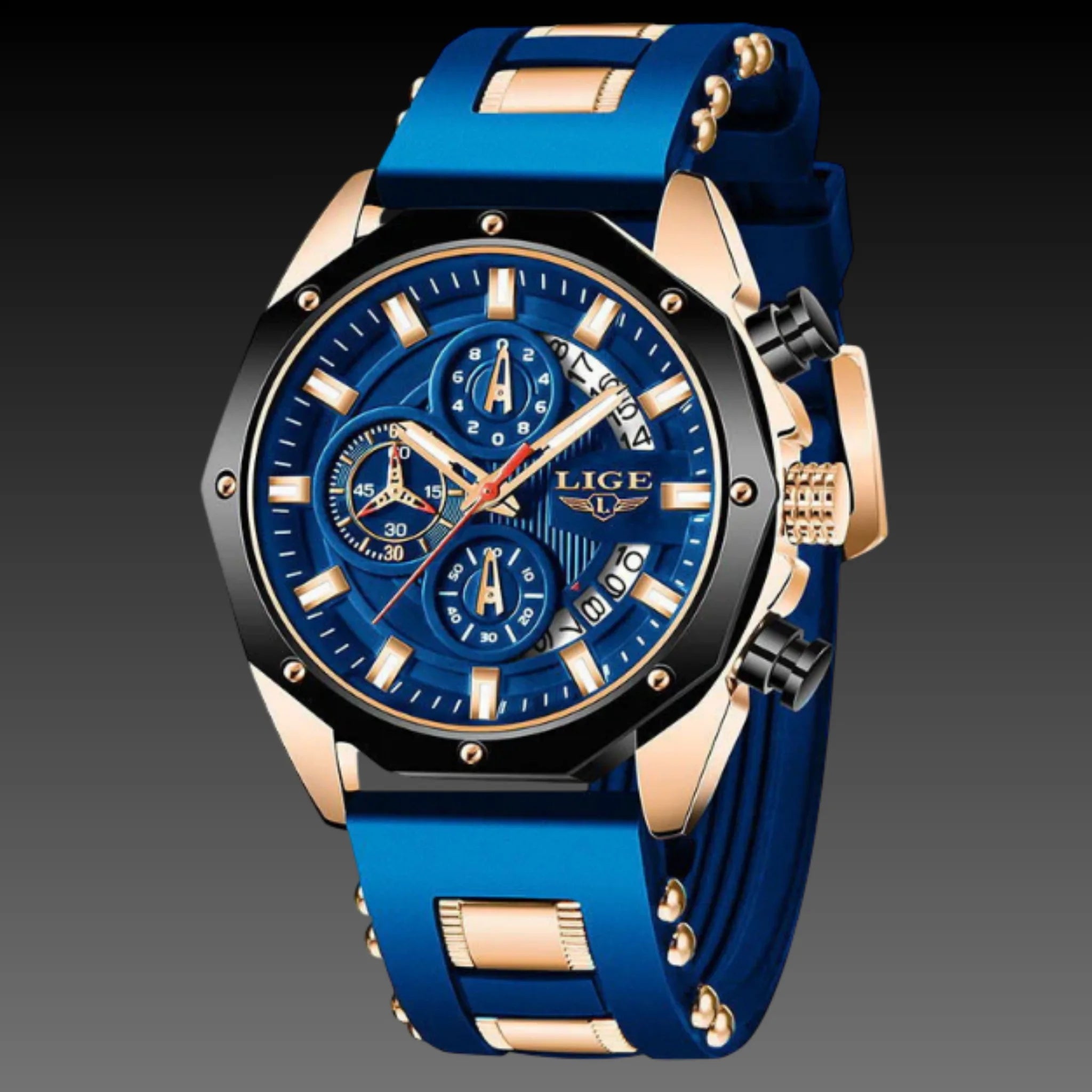 Men's 46mm Tonneau Sport Chronograph: Silicone Strap | LIGE Quartz | Racing Watch