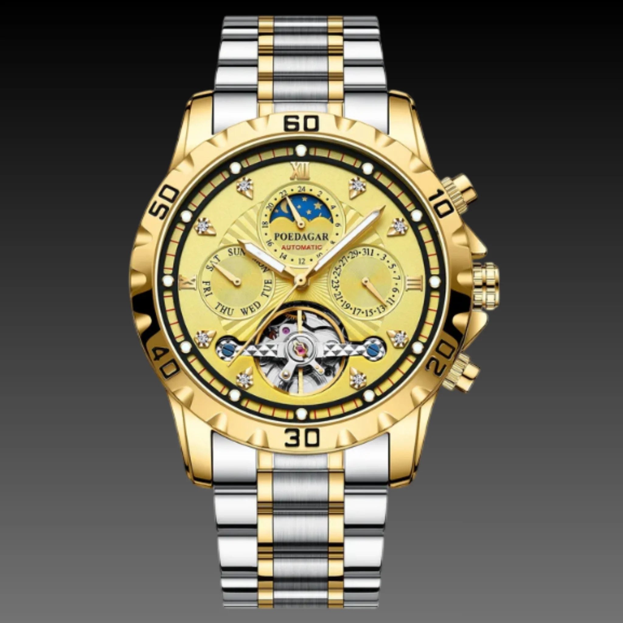 Men's Gold Skeleton Automatic Watch | Open Heart & Day-Date Complications