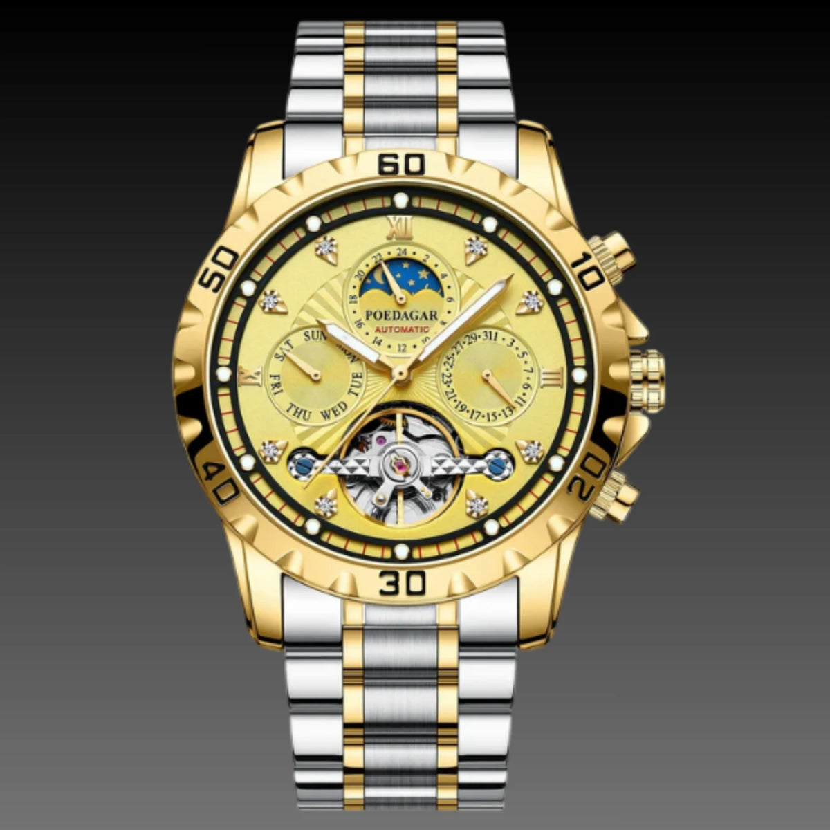 Rotating cage and balance wheel inside a mechanical tourbillon movement
