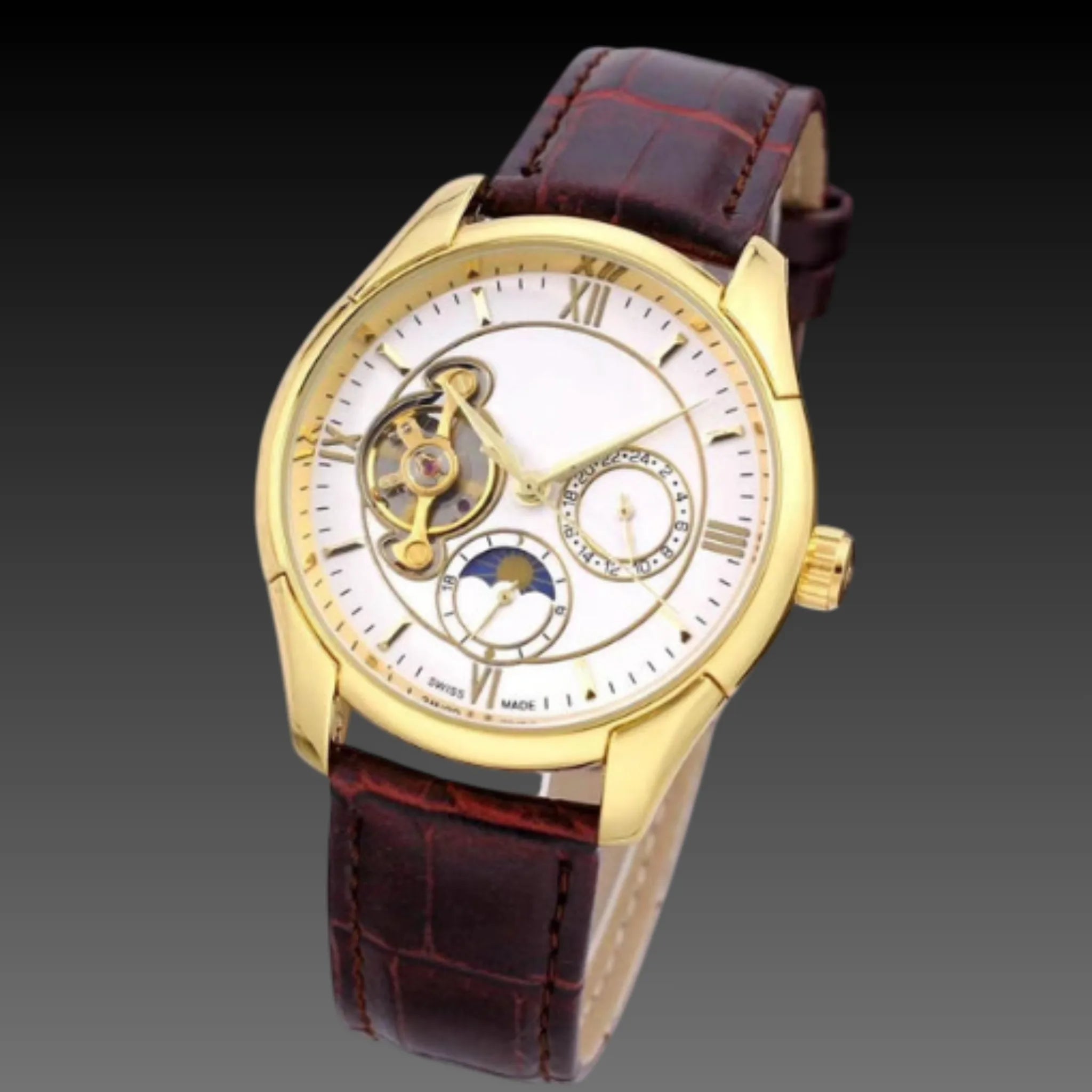 Men's 40.5mm Automatic Moon Phase Watch: 11mm Slim | Open-Heart