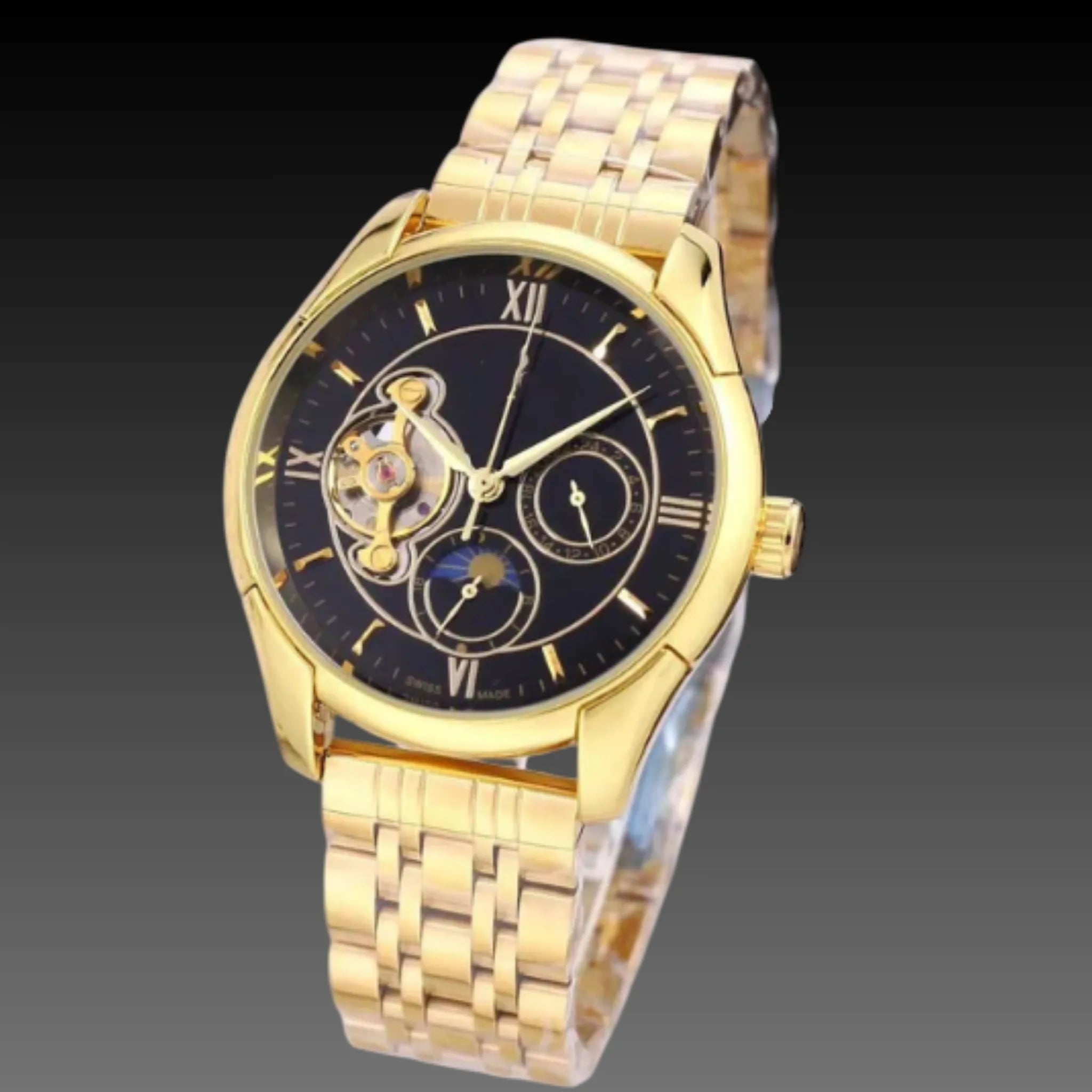 Men's 40.5mm Automatic Moon Phase Watch: 11mm Slim | Open-Heart