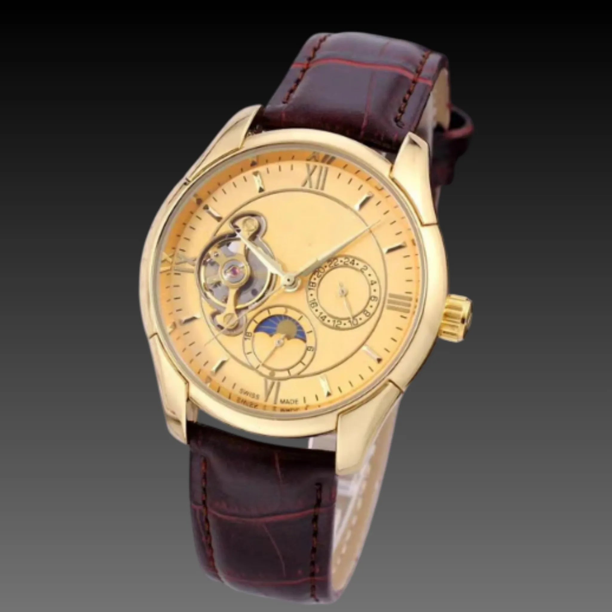 Men's 40.5mm Automatic Moon Phase Watch: 11mm Slim | Open-Heart