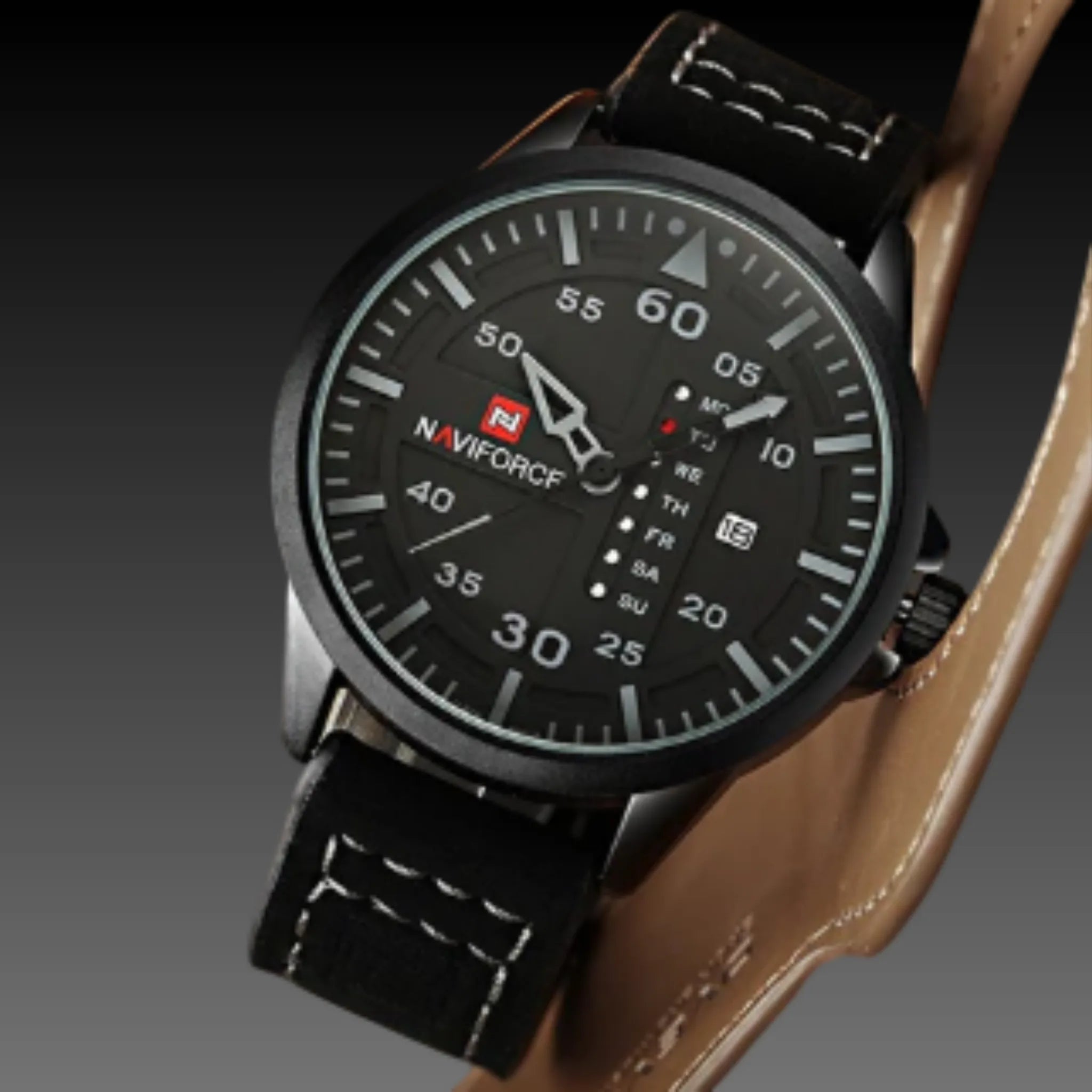 Men's 46mm Tactical Field Watch: Leather Strap | Day & Date | Naviforce
