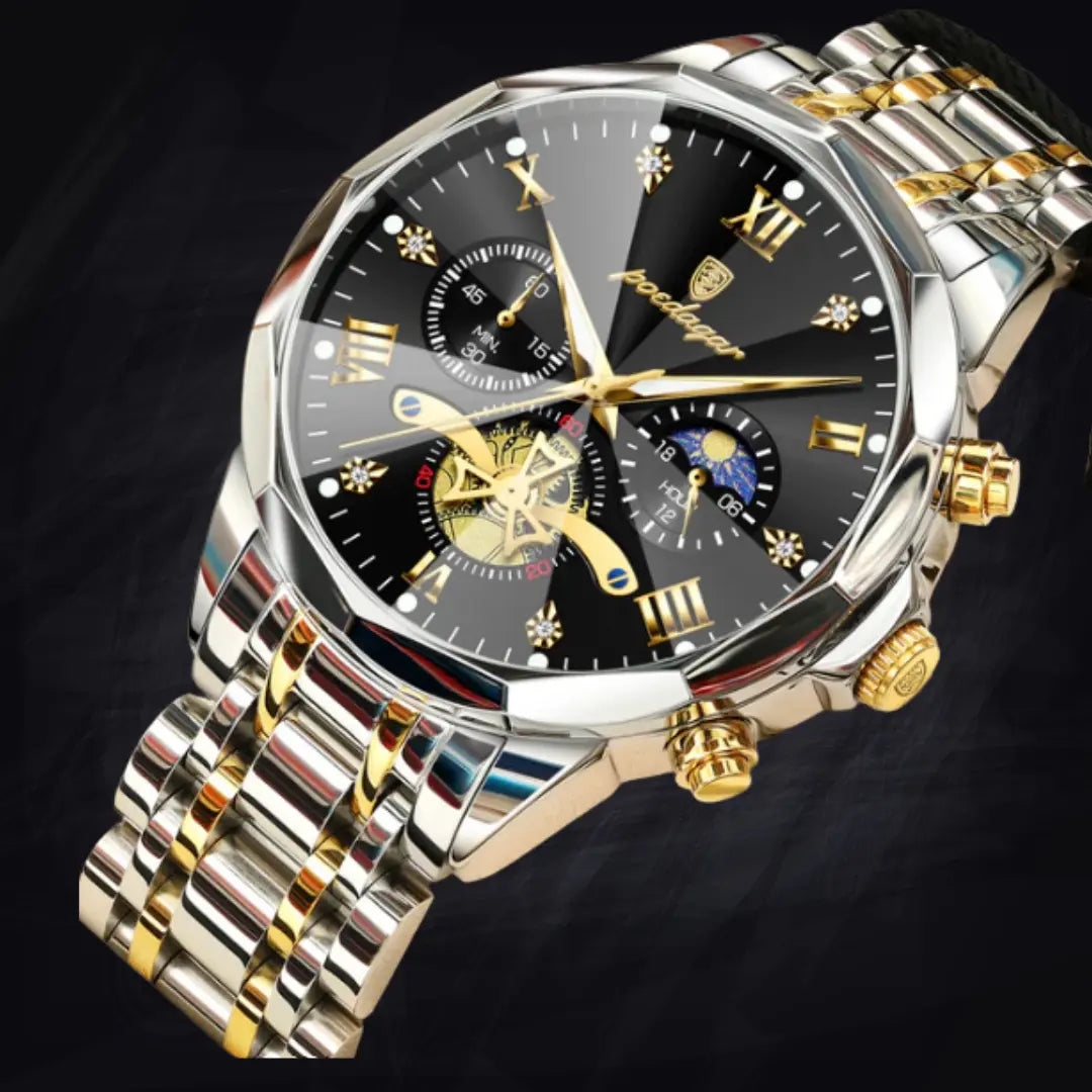 Poedagar Men's Geometric Bi-Color Multi-Function Watch | Stainless Steel