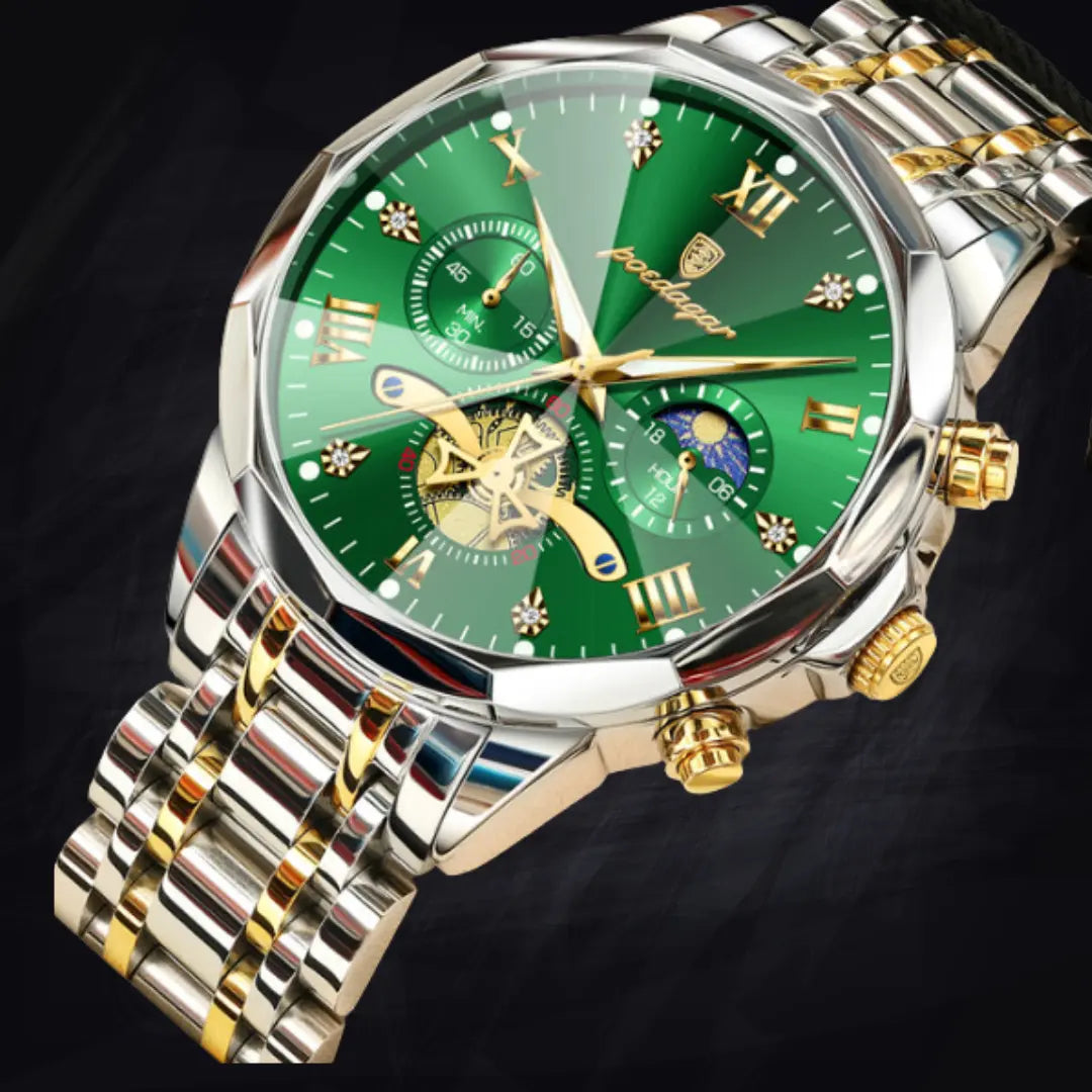 Poedagar Men's Geometric Bi-Color Multi-Function Watch | Stainless Steel