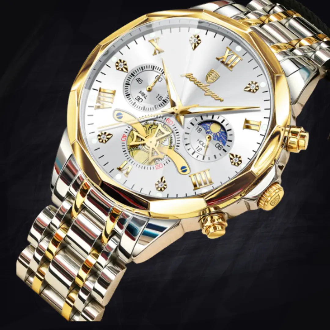 Poedagar Men's Geometric Bi-Color Multi-Function Watch | Stainless Steel