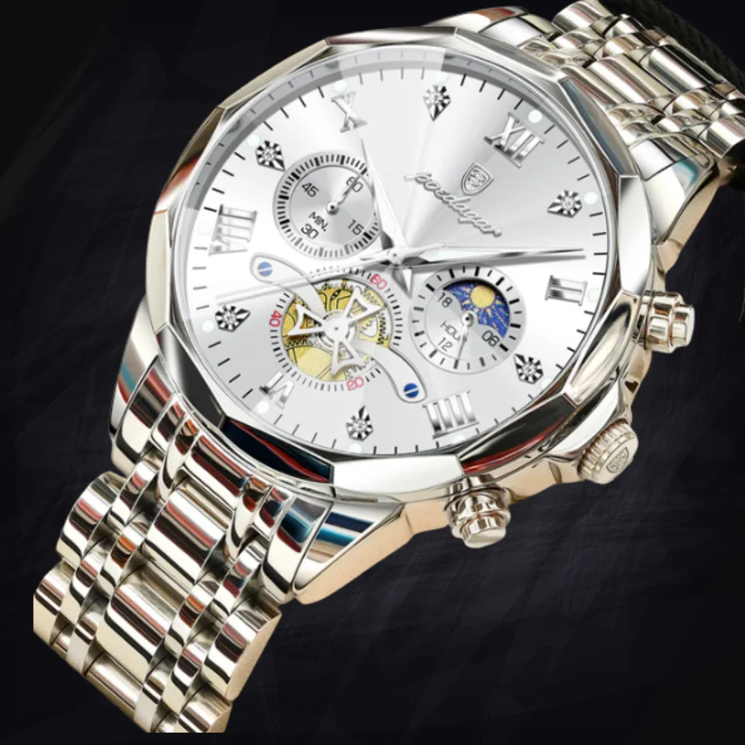 Poedagar Men's Geometric Bi-Color Multi-Function Watch | Stainless Steel