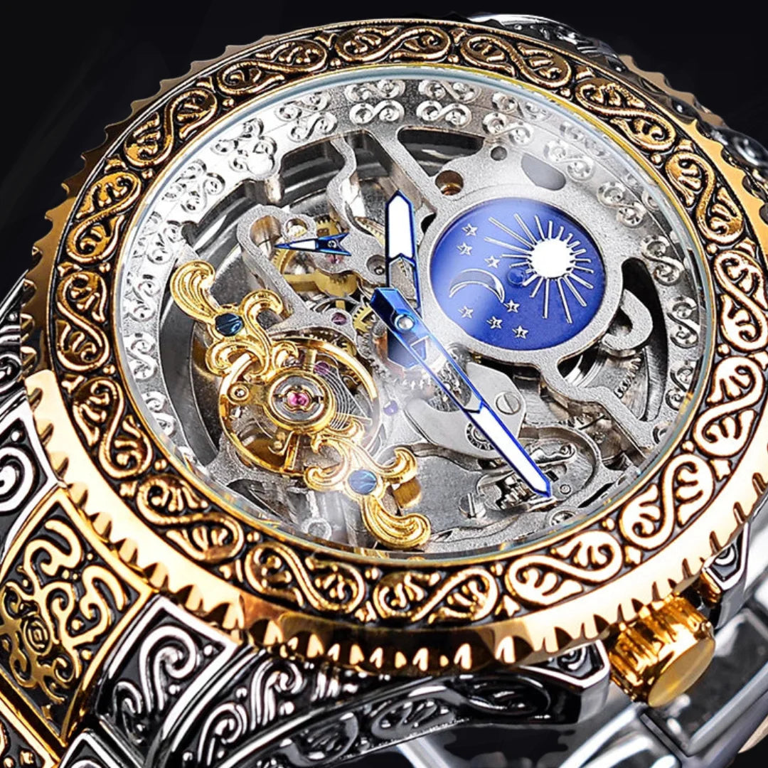 Men's 44mm Engraved Skeleton Watch: Steampunk Automatic | Antique Gold