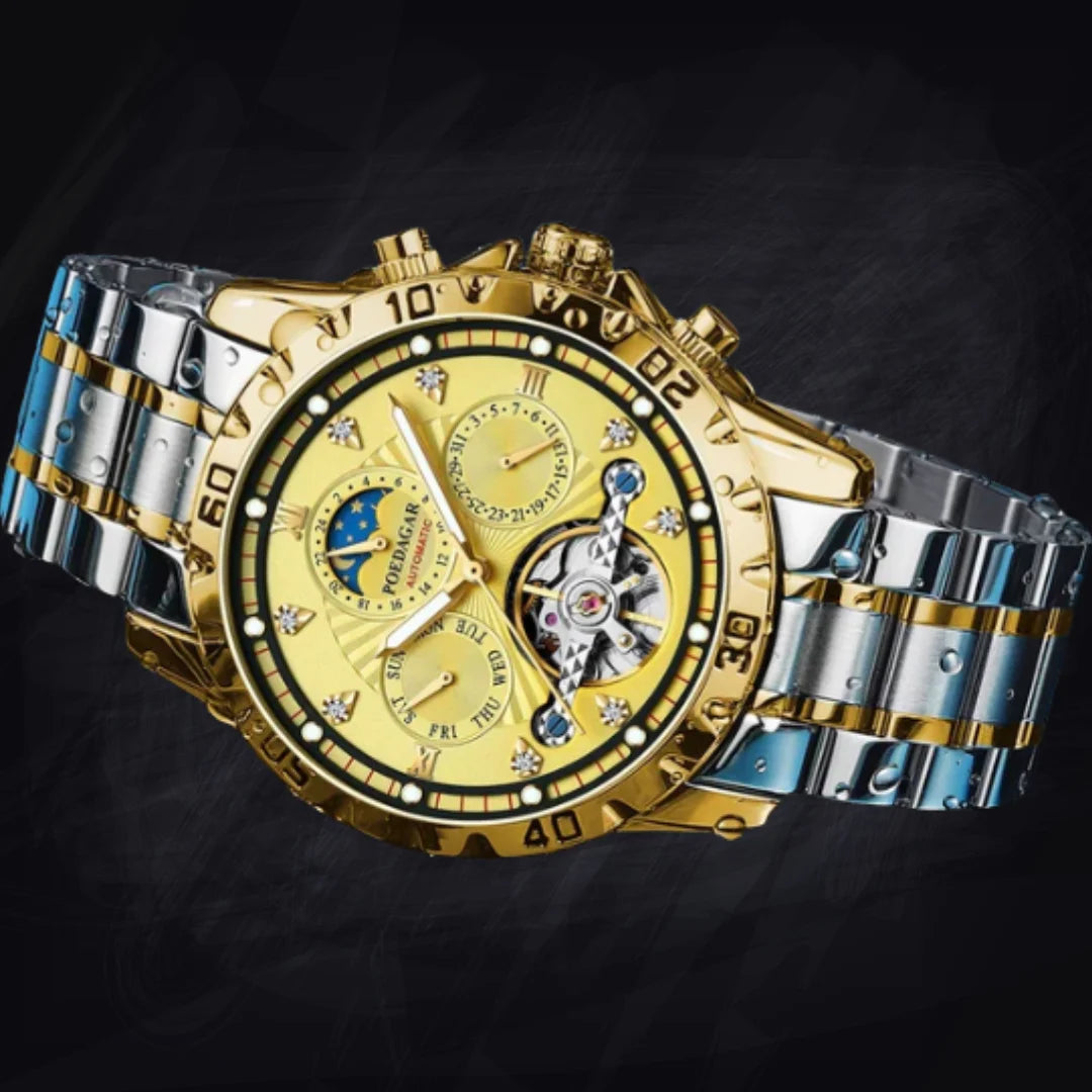 Men's Gold Skeleton Automatic Watch | Open Heart & Day-Date Complications