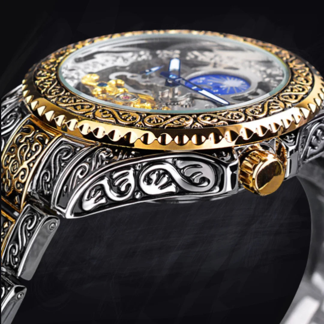 Men's 44mm Engraved Skeleton Watch: Steampunk Automatic | Antique Gold