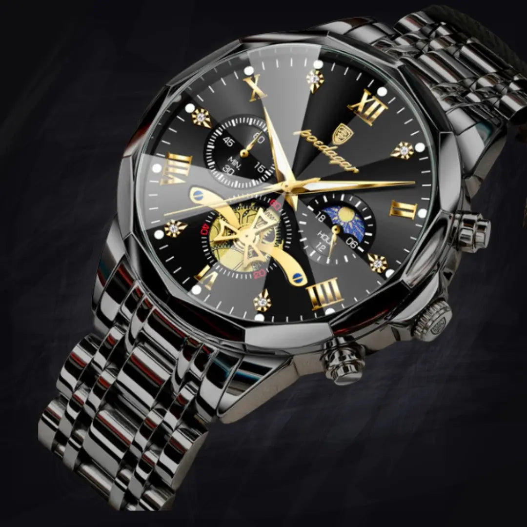 Poedagar Men's Geometric Bi-Color Multi-Function Watch | Stainless Steel