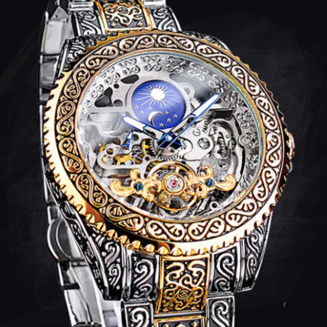 Men's 44mm Engraved Skeleton Watch: Steampunk Automatic | Antique Gold
