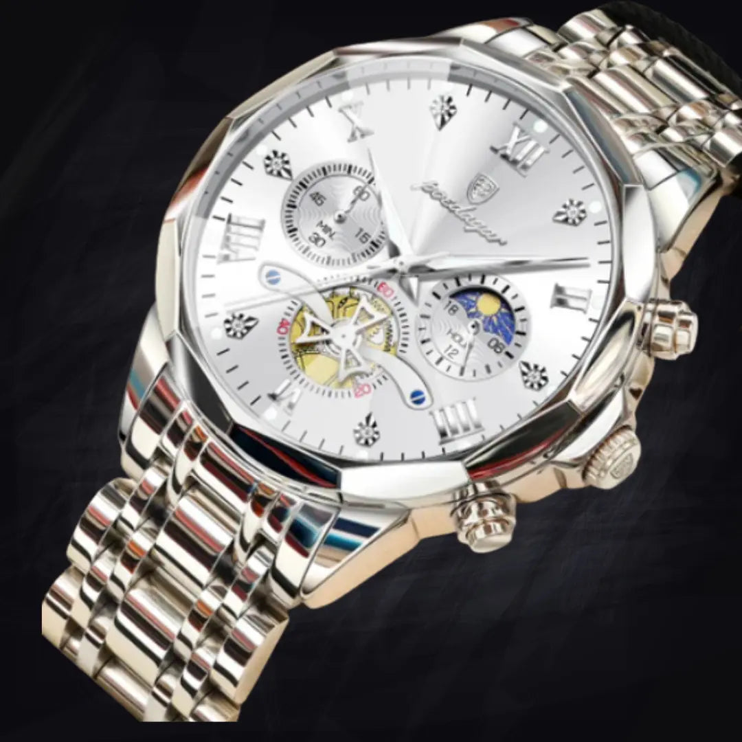Poedagar Men's Geometric Bi-Color Multi-Function Watch | Stainless Steel