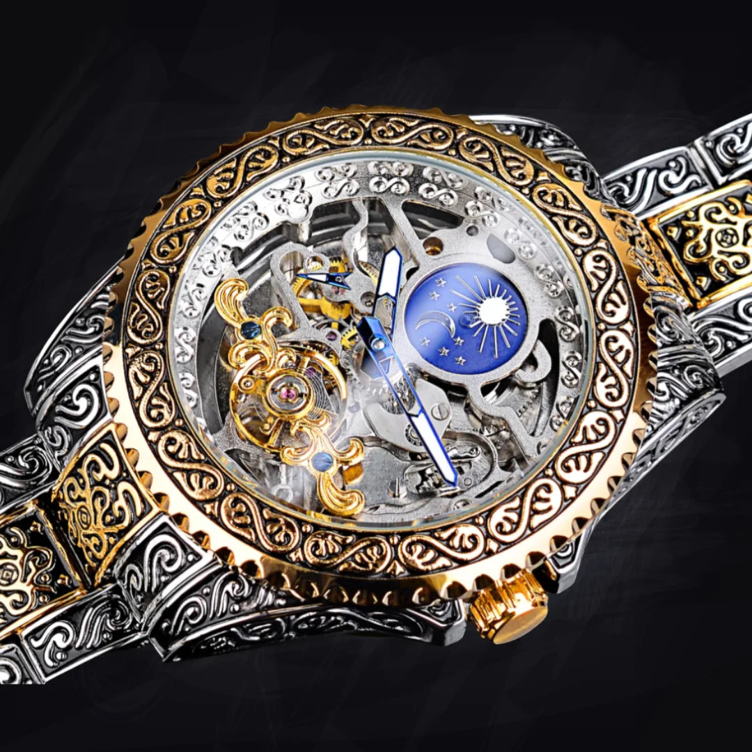 Men's 44mm Engraved Skeleton Watch: Steampunk Automatic | Antique Gold