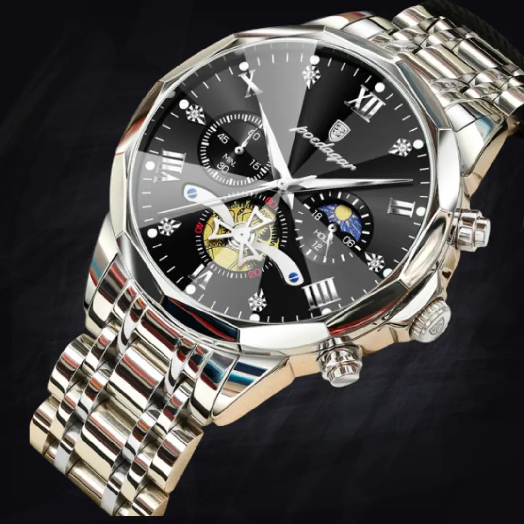 Poedagar Men's Geometric Bi-Color Multi-Function Watch | Stainless Steel