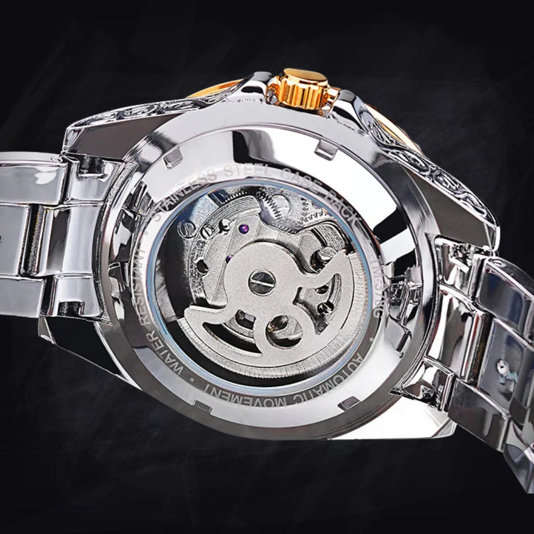 Men's 44mm Engraved Skeleton Watch: Steampunk Automatic | Antique Gold