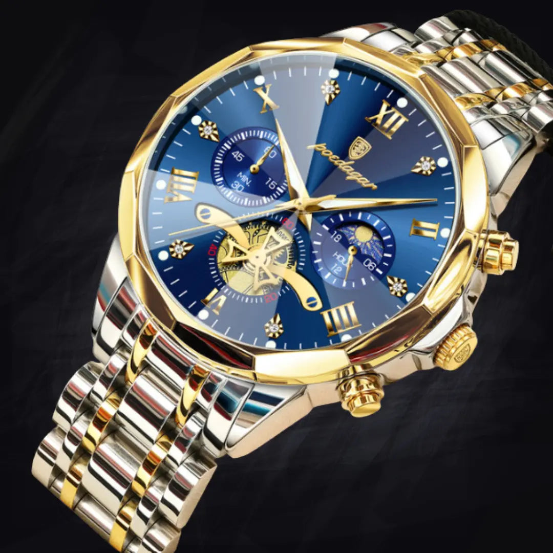 Poedagar Men's Geometric Bi-Color Multi-Function Watch | Stainless Steel