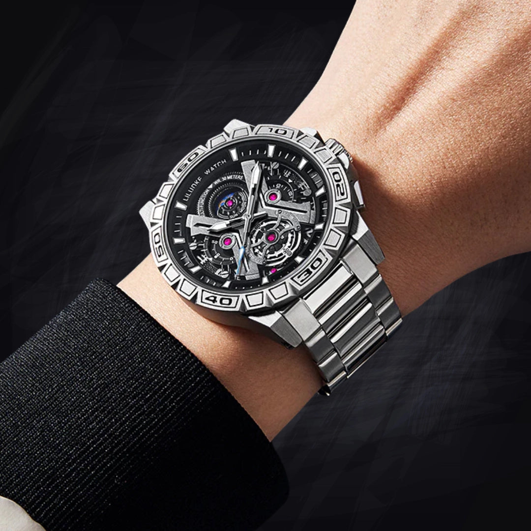 3D Hollow Skeleton Quartz Watch – Luminous Multifunction Sports Chrono (13mm Thickness)