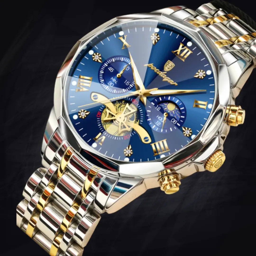 Poedagar Men's Geometric Bi-Color Multi-Function Watch | Stainless Steel