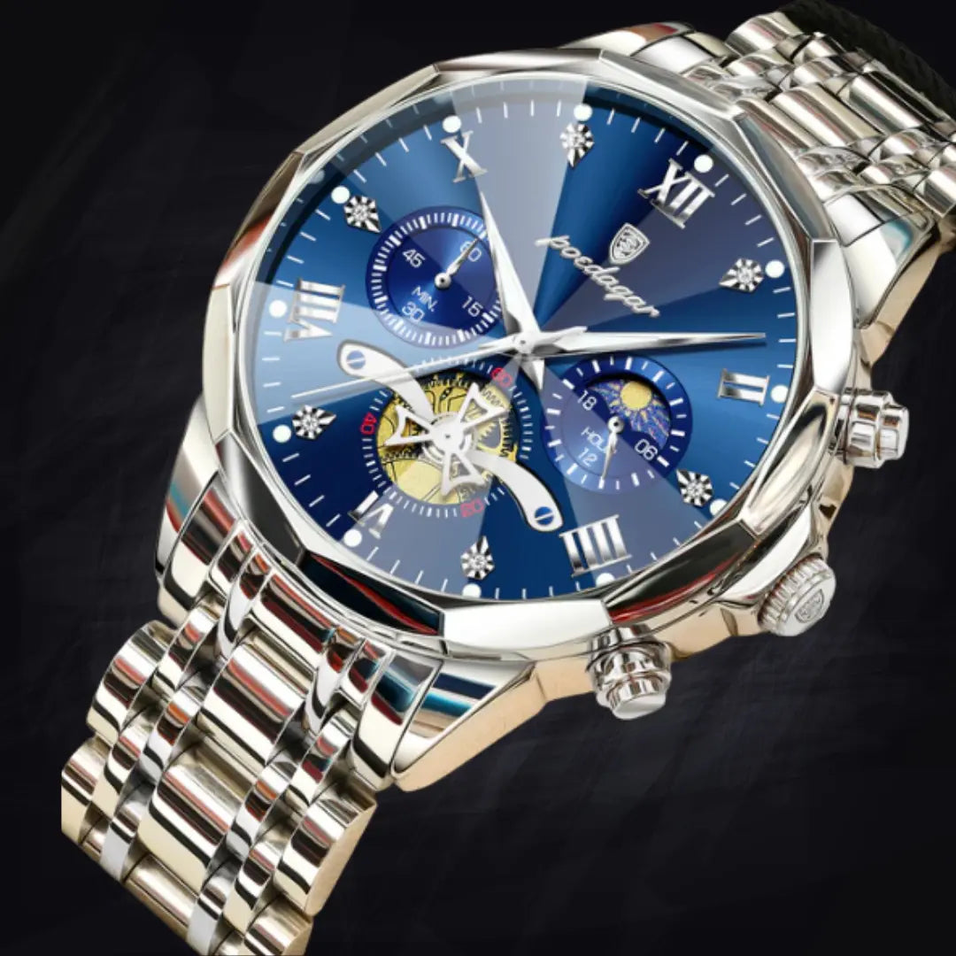 Poedagar Men's Geometric Bi-Color Multi-Function Watch | Stainless Steel