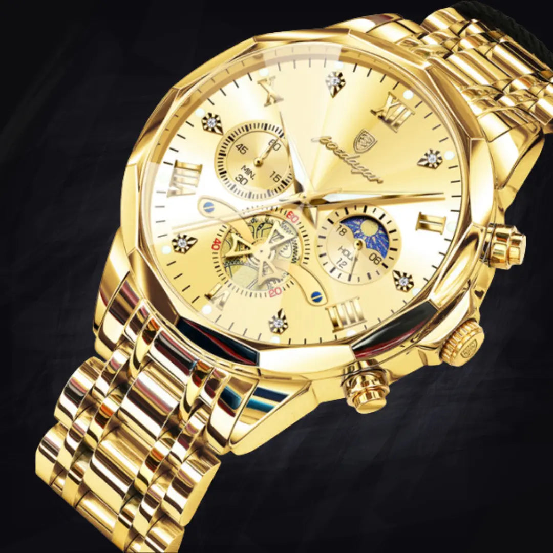 Poedagar Men's Geometric Bi-Color Multi-Function Watch | Stainless Steel