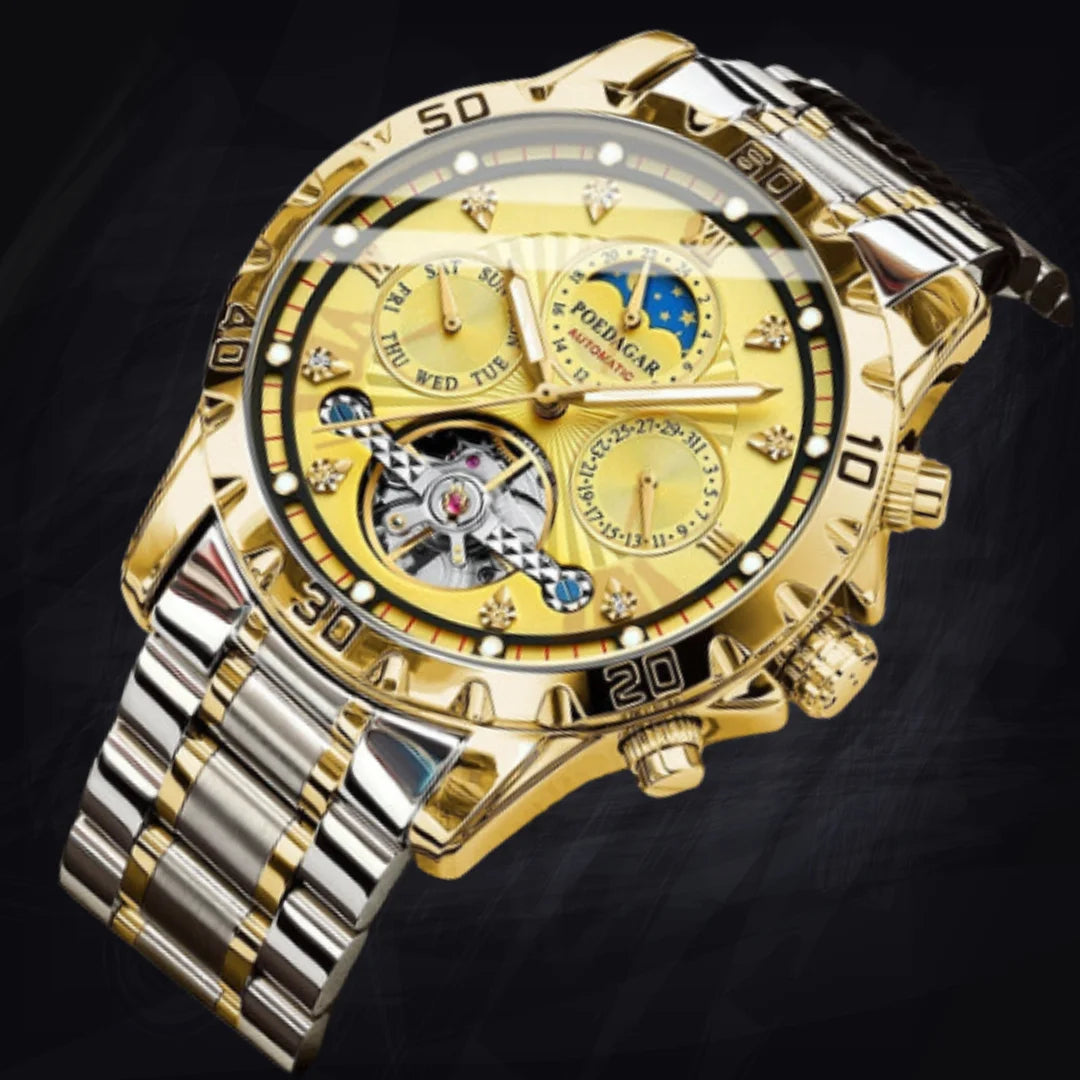 Men's Gold Skeleton Automatic Watch | Open Heart & Day-Date Complications