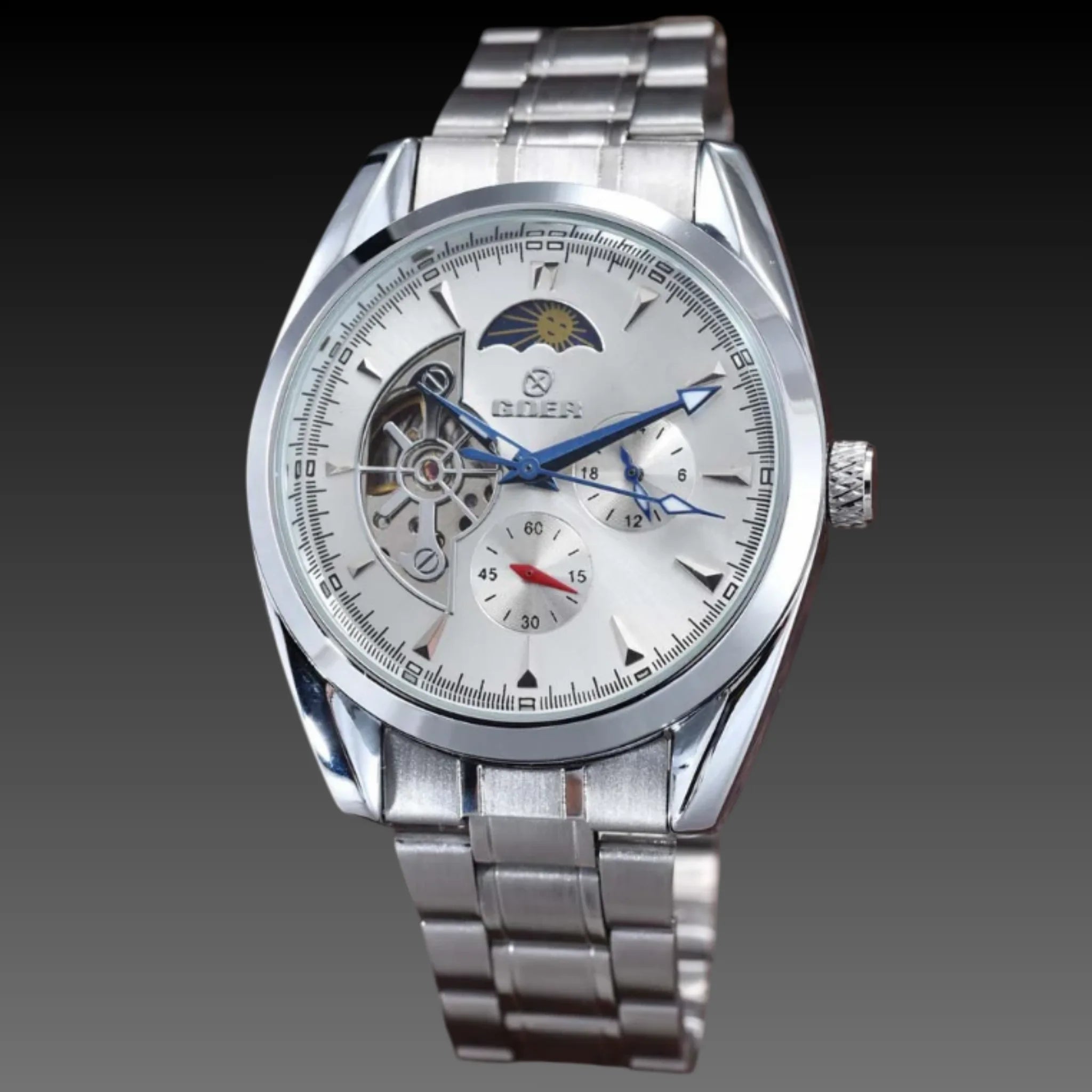 Men's 42mm Open Heart Automatic: Day/Night Phase | Stainless Steel | Exhibition Back