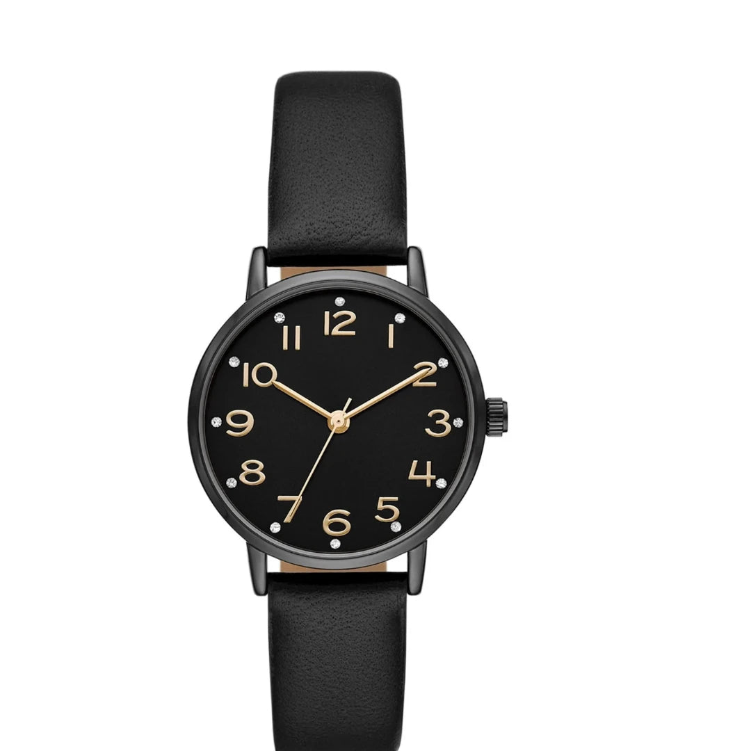 Time and Tru Women’s Gunmetal & Gold Crystal Accent Watch – Black Leather Strap (Model: FMDOTT058)