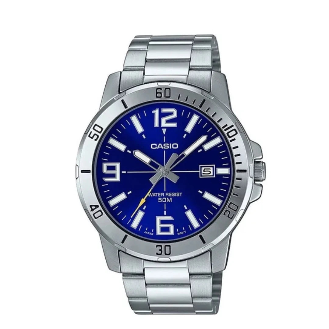 Casio Men’s Diver-Style Stainless Steel Analog Watch – Blue Dial & Date Display (Model: MTPVD01D-2BV)